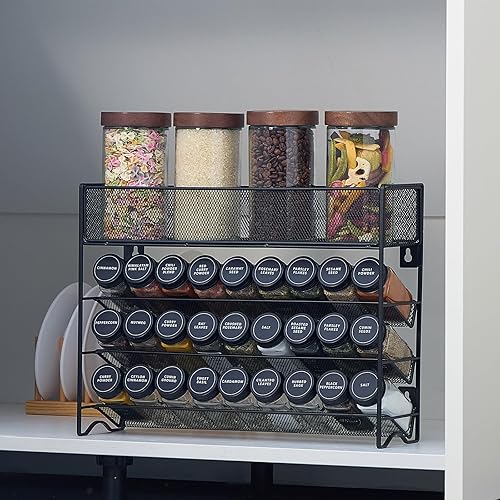 Miniatura 6 de Spice Rack Organizer with 27 Spice Jars with Black Lids, Funnel, Spice Labels, Pen, Seasoning Organizer for Cabinet, Countertop, Pantry,
