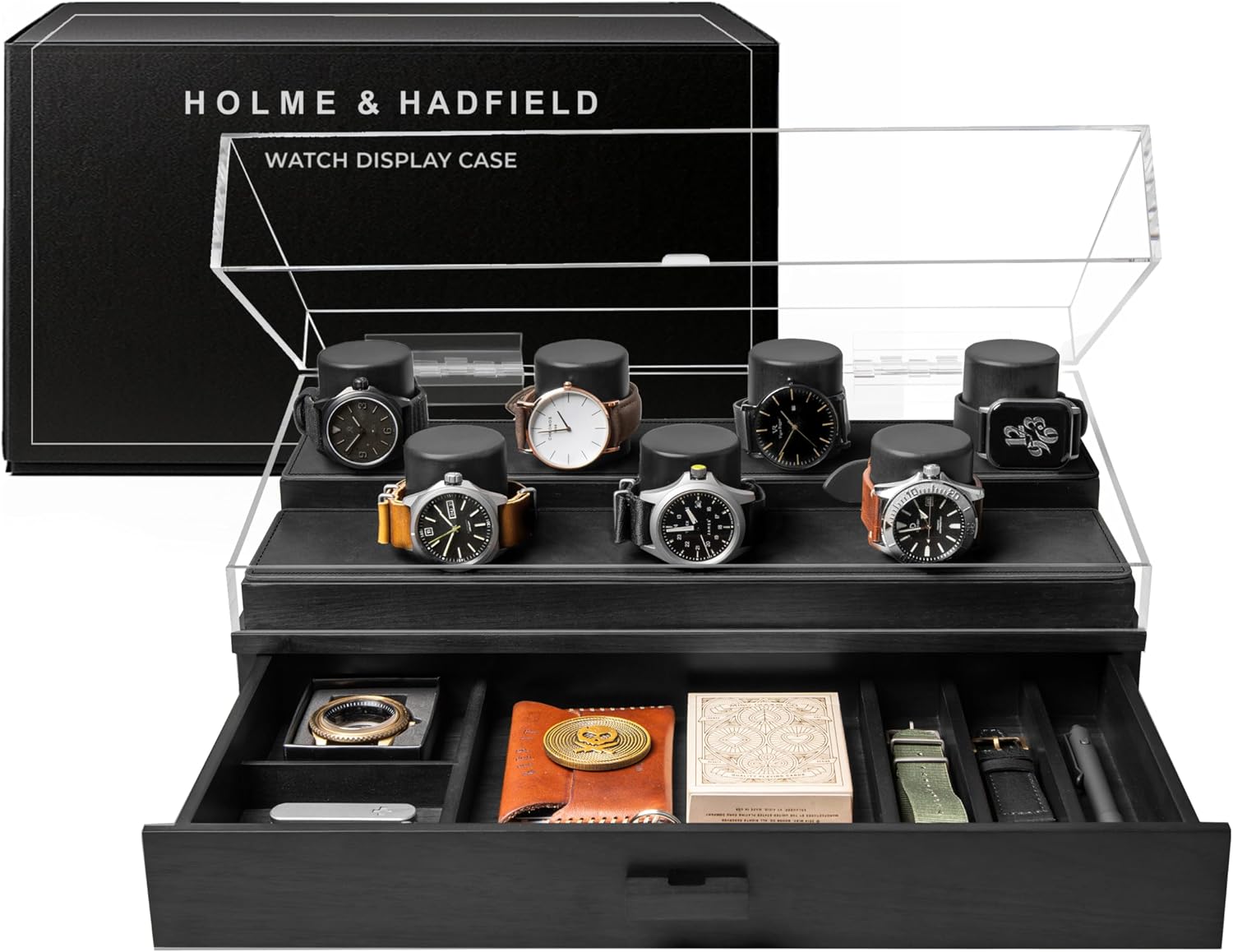 Holme & Hadfield 7 Slot Watch Box for Men with Hinged Cover and Drawer