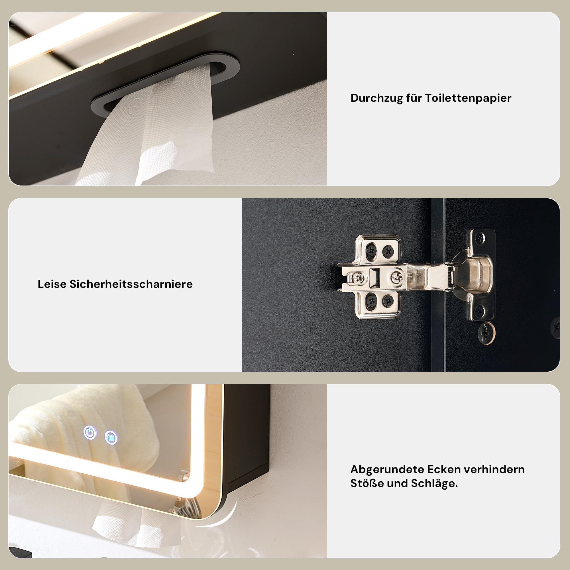 CLIPOP Spiegelschrank Bad mit Beleuchtung,Badezimmer spiegelschrank mit Spiegel und Steckdose, Entfogging-Funktion, badezimmerschrank mit 2 Türen, 80cm Breite,Öffnung für Taschentuchboxen,Schwarz