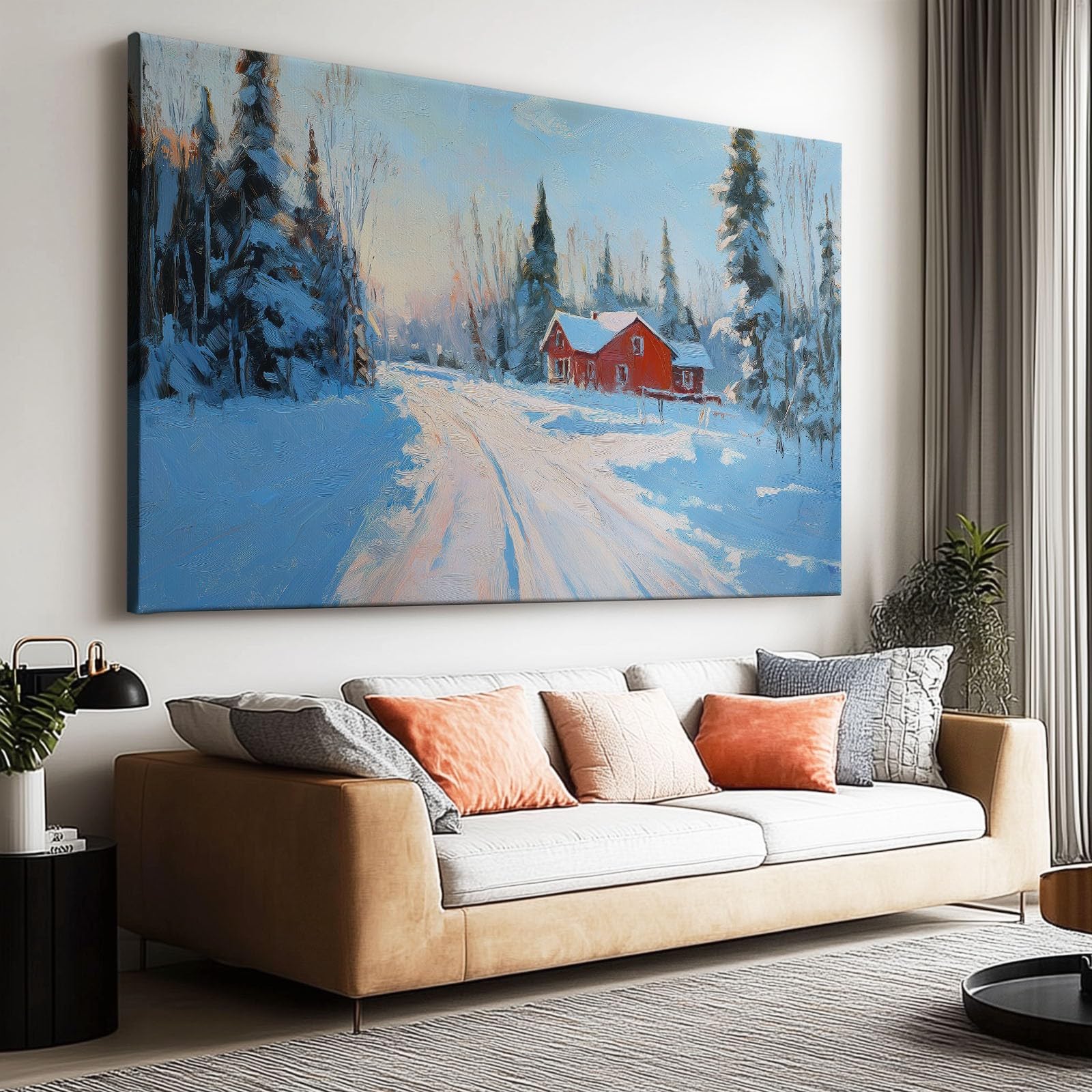 Obraz na płótnie zimowy wiejski dom las płatki śniegu z ramą wewnętrzną 120 l x 60 cm, druk w wysokiej rozdzielczości w stylu galerii naturalny krajobraz do salonu i biura - nowoczesna sztuka ścienna