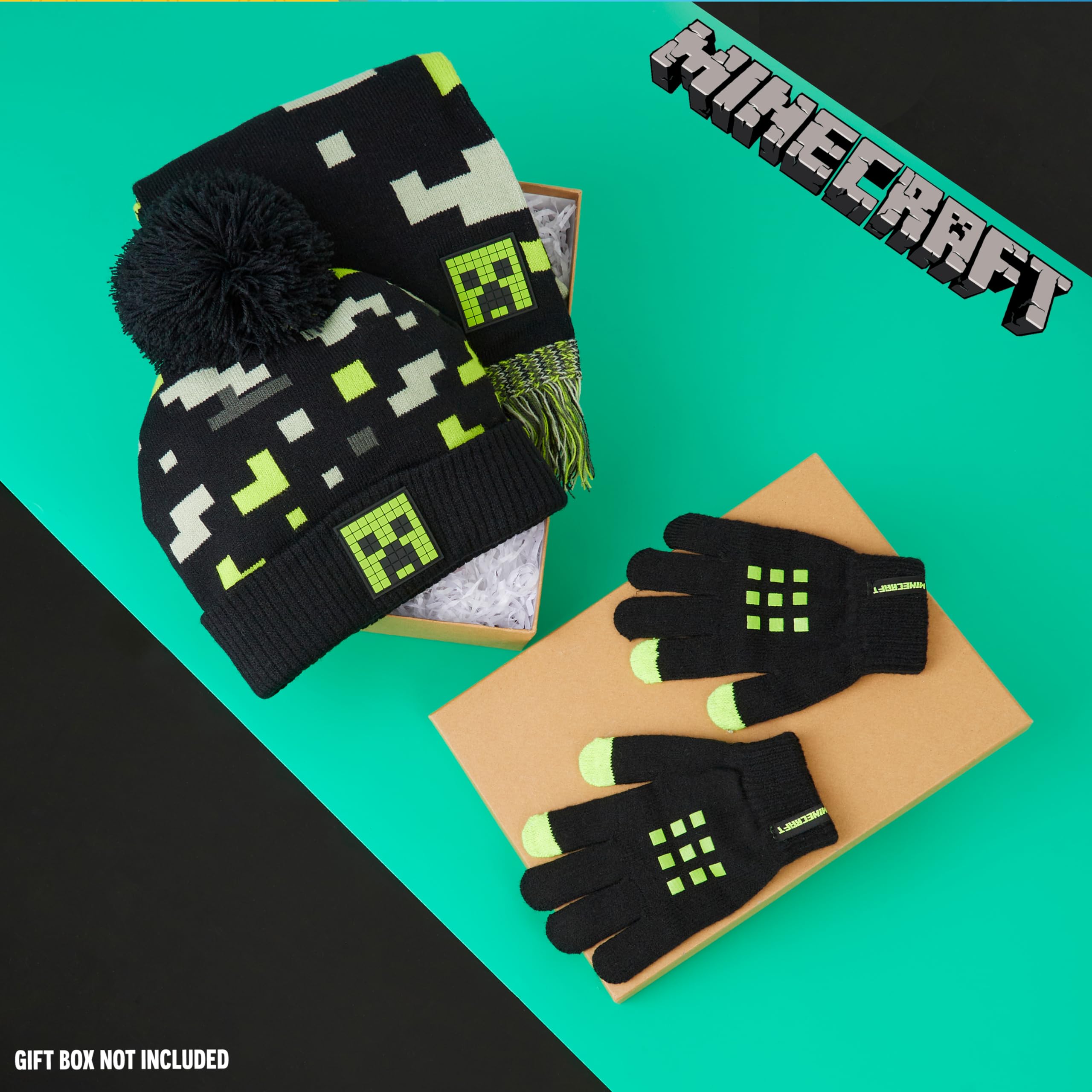 MINECRAFT Berretto Invernale Bambino Set con Cappello e Guanti o Cappellino, Guanti con Sciarpa, Creeper Regalo Ragazzo