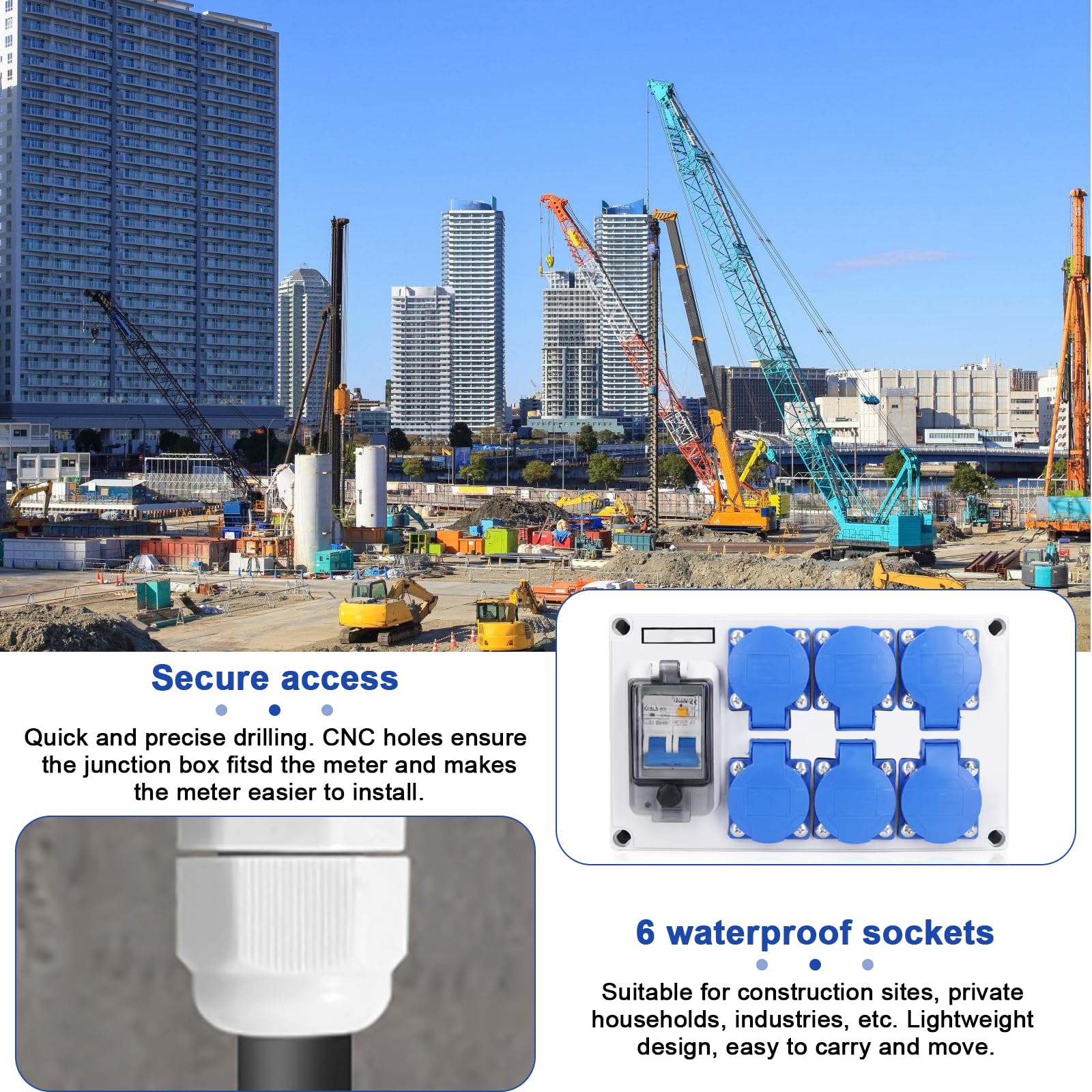 Quadro elettrico da cantiere, distributore di prese 6x Schuko 230V, 16A, distributore di corrente a parete con interruttore FI 63A 1P+N, IP54, scatole di distribuzione a parete per interni/esterni