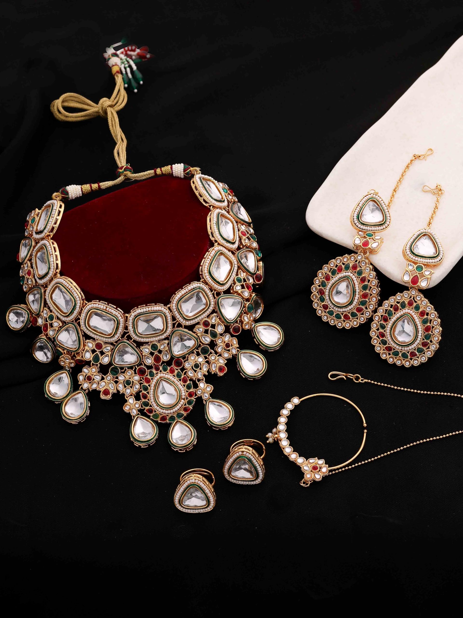 Wedding Collection, set girocollo da sposa placcato oro con pietra Kundan e Meena, per donne e ragazze, in metallo, senza pietre preziose