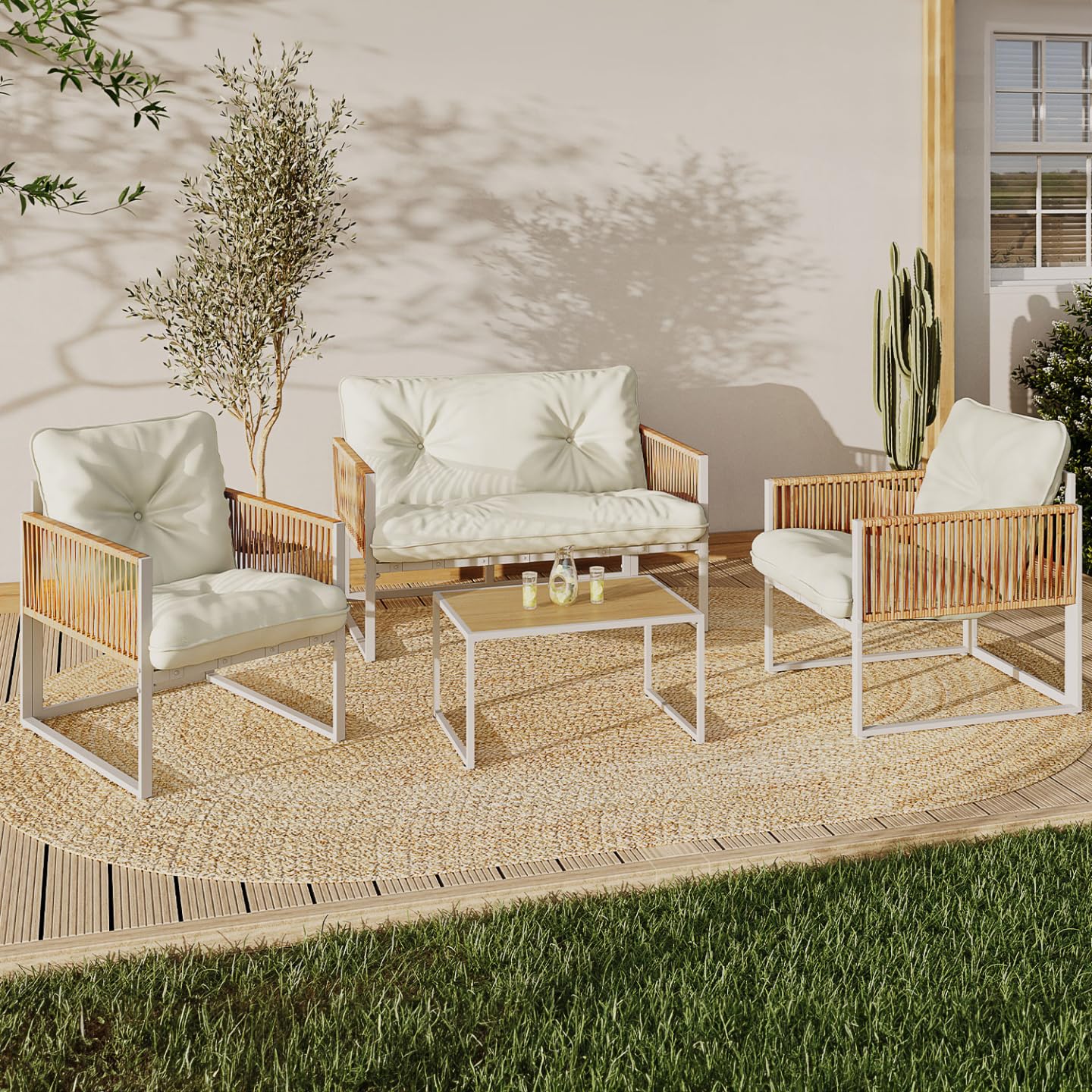 IDMarket – Muebles de Jardín Rio de Nivel Bajo 4 Plazas, Estructura de Metal Blanco, Cuerda de Efecto Ratán Claro y Cojines Beiges