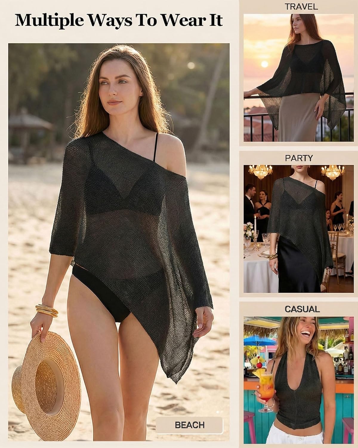 Baonmy Womens Sheer Poncho Top Crochet Knit Mesh Lightweight Shrug Shawl Boho Asymmetrical Ponchos for Formal Evening Dresses - Image 5