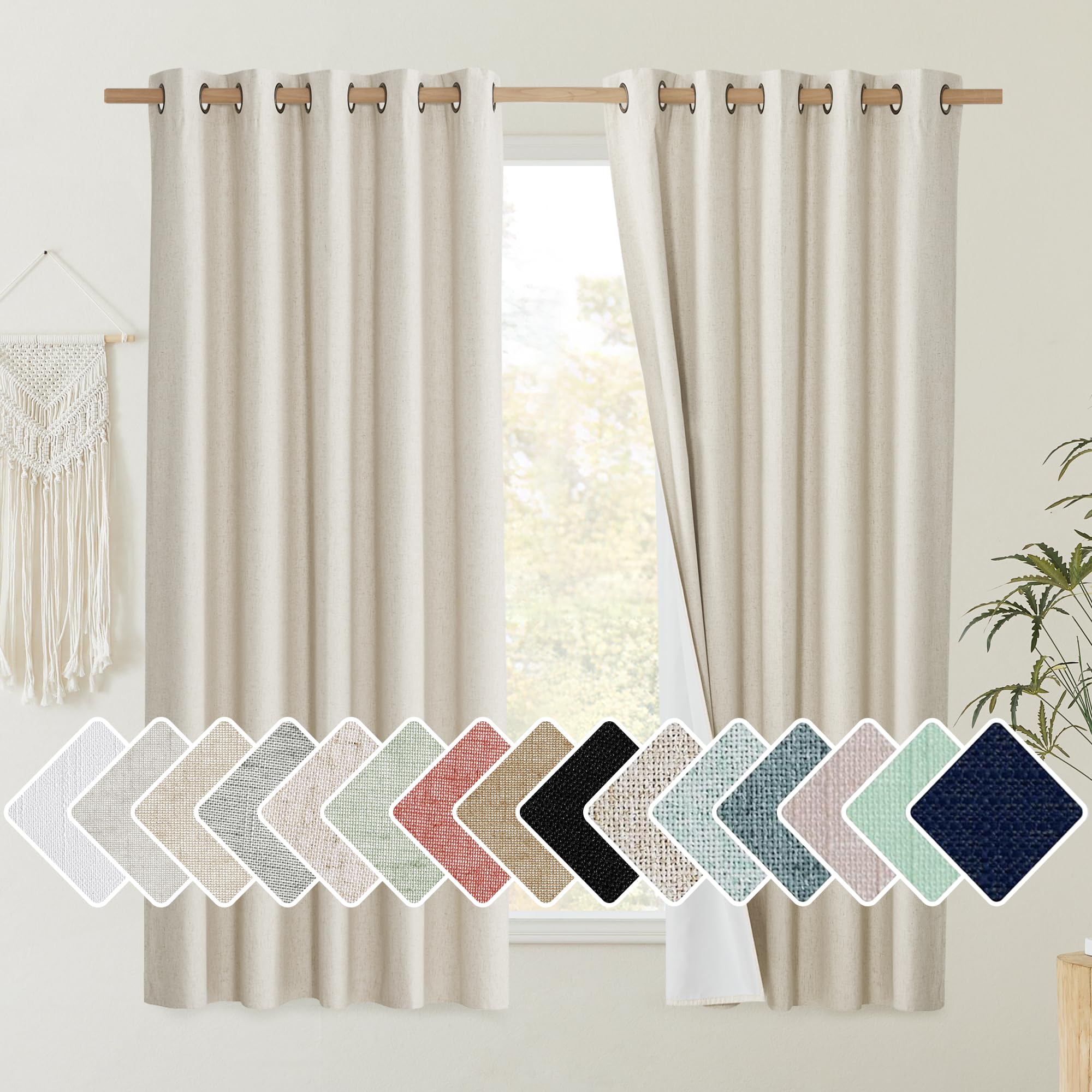NICETOWN Natural 100% Blackout Short Curtains 63 inches Lenghth Burg for Kitchen, 2 Panels, Burlap Linen Drapes with Thermal Insulated White Liner,