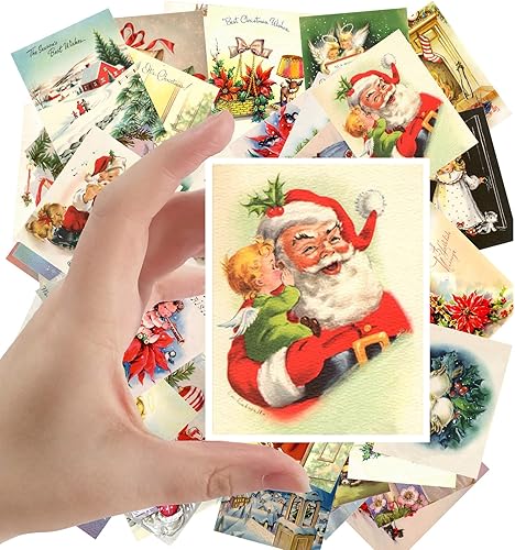 Calcomanías grandes (24 piezas de 2.5 x 3.5 pulgadas cada una) escenas de Navidad, colección de tarjetas de felicitación retro vintage de Papá Noel