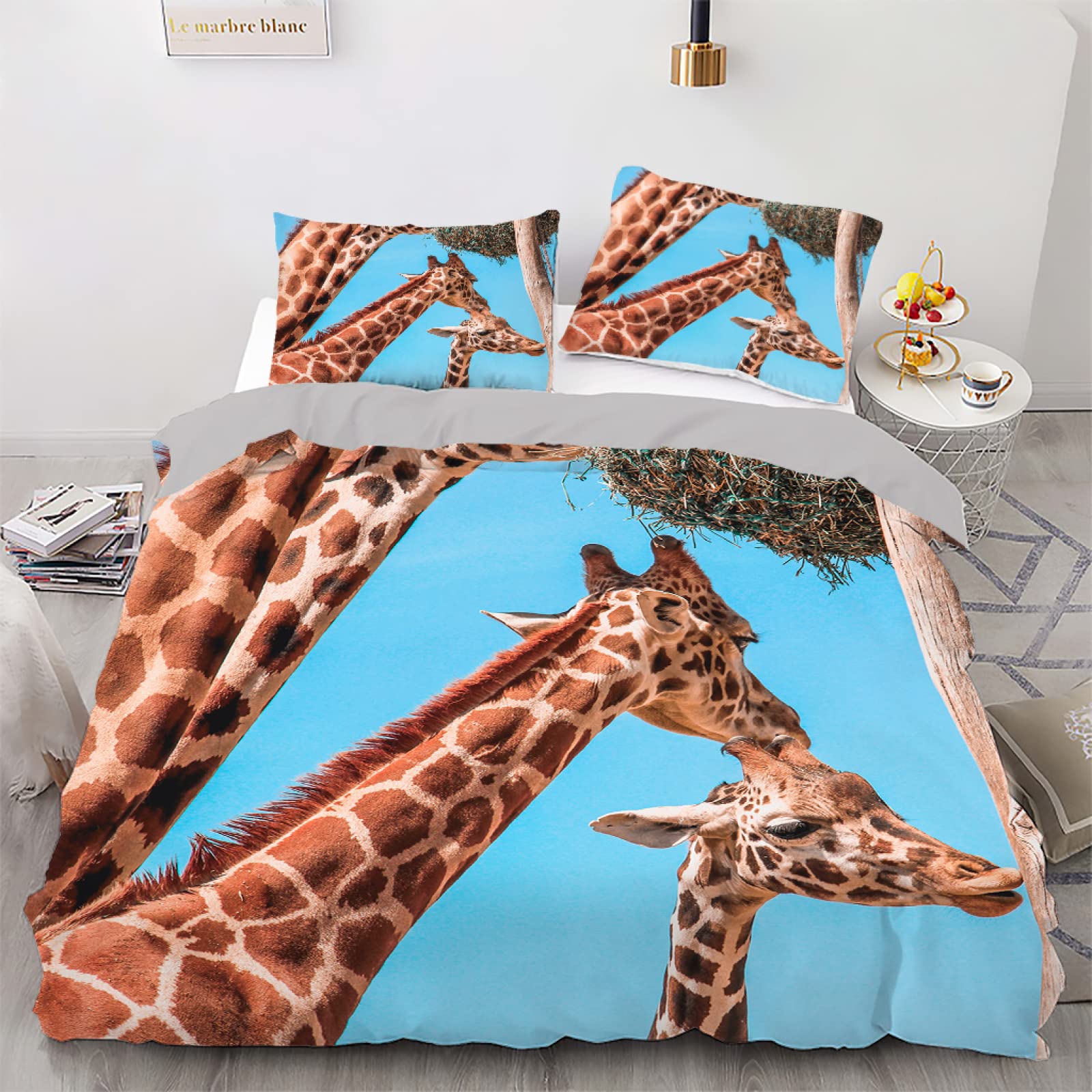 Housse de couette 200x200 girafe bleue parure de lit enfant fermeture éclair