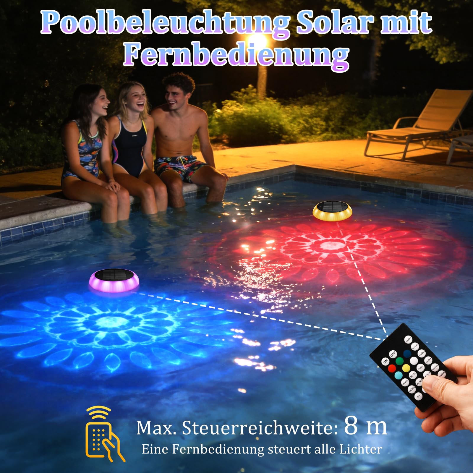 Toowell Solar Poolbeleuchtung Unterwasser,Wasserdicht Poolbeleuchtung Solar Pool Licht,Fernbedienung,RGB,Timer,6 Farben,12 Modi Pool Lichter Unterwasser Pool Beleuchtung für Aufstellpool,1 Stück