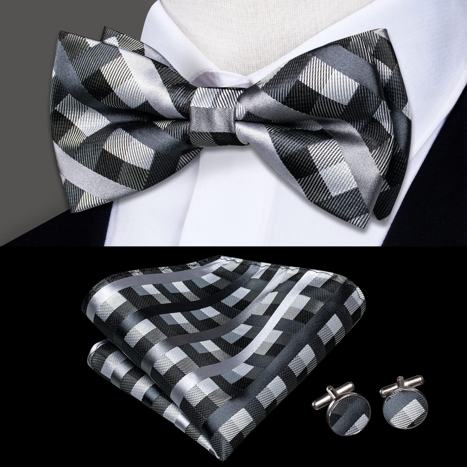 Hi-Tie Bow Ties for Men Pre-Tied Pocket Square with Cufflinks Mens Bowtie Sets for Wedding Formal Party - Image 2