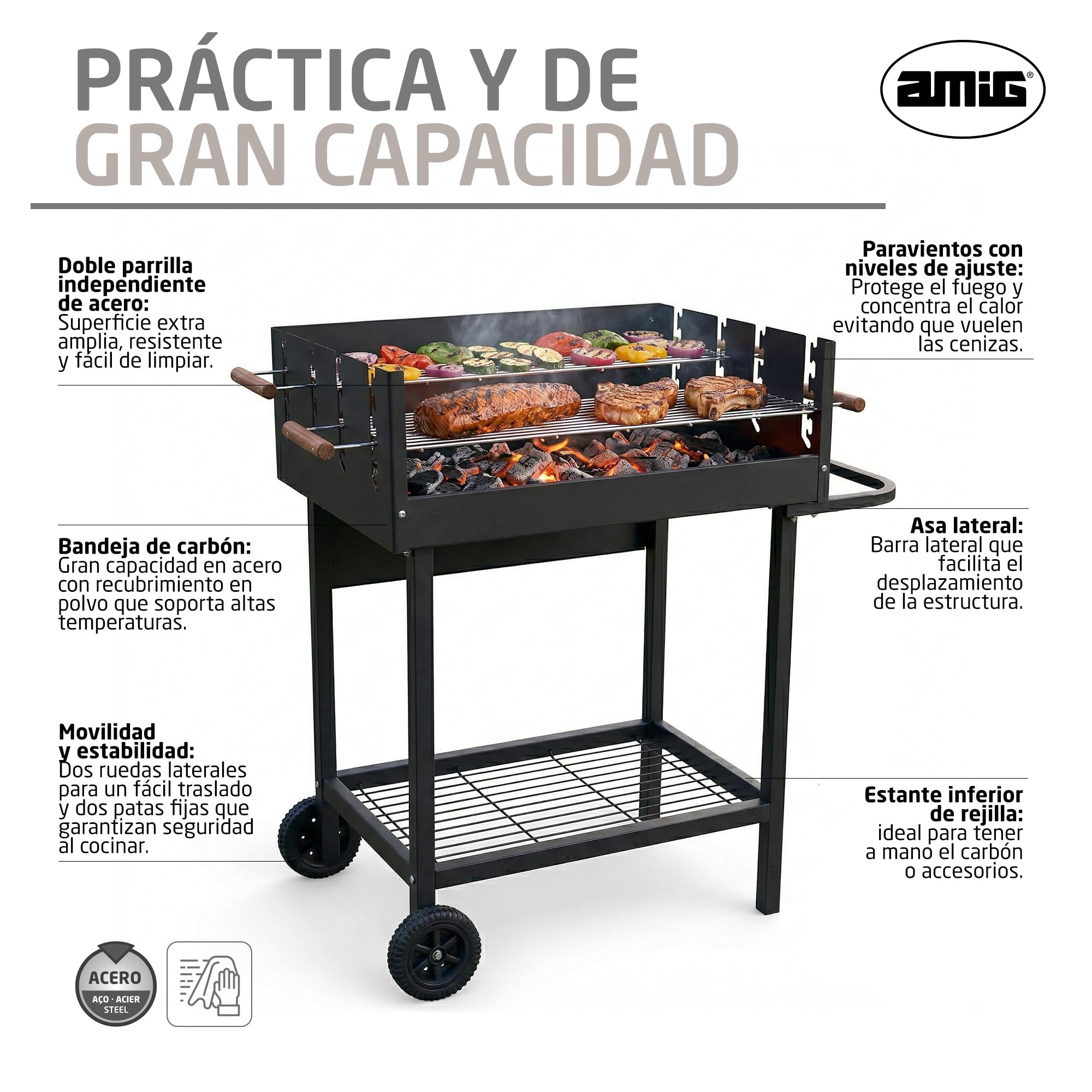 Amig - Barbacoa de carbón - 94 x 51 x 93 cm - Negro - Fabricado en Acero - para jardín y patio con uso familiar y reuniones con montaje sencillo limpieza cómoda y calidad consistente. Mod. DRAKEN