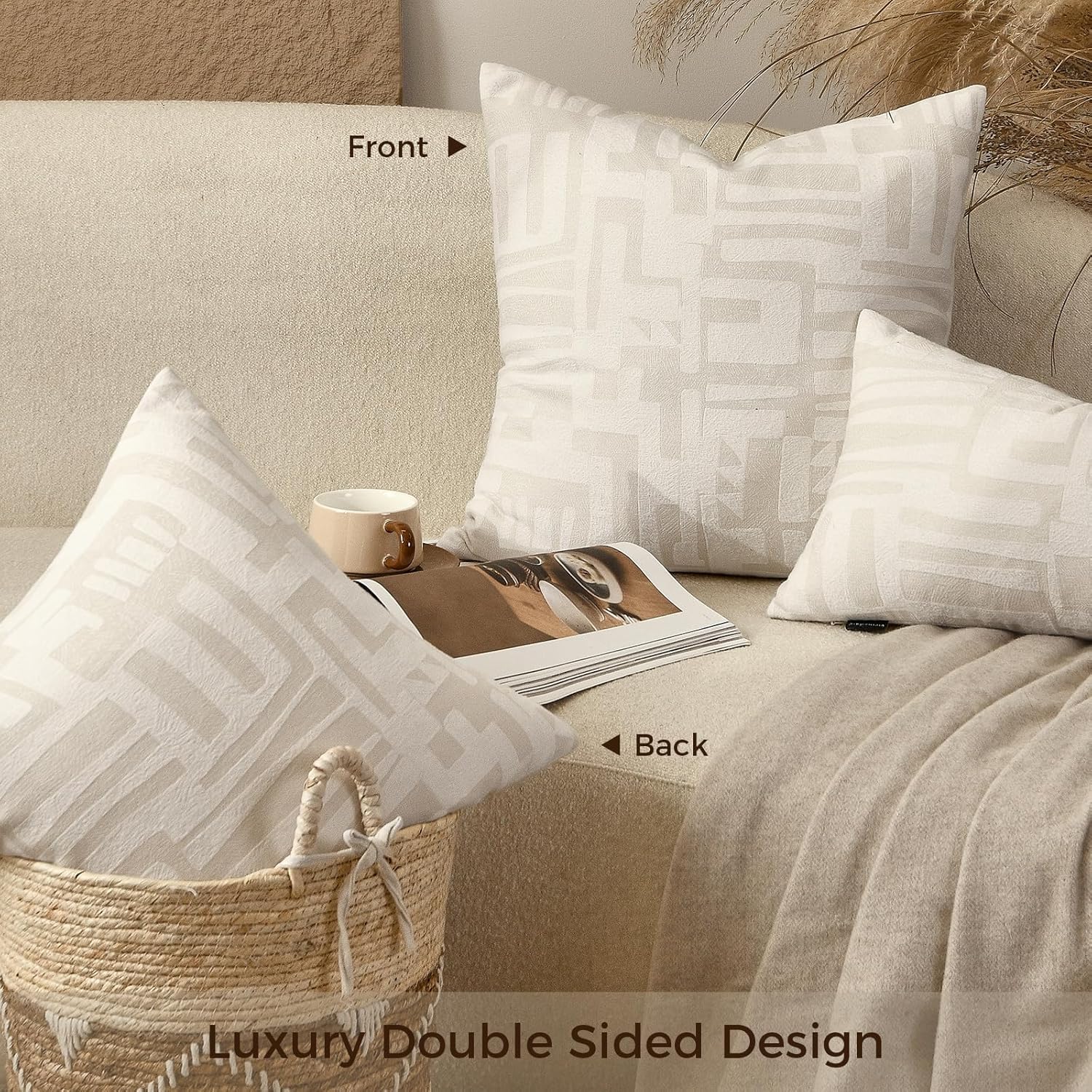 Throw Pillow Cushion Cover 18x18 inches, Double Sided Modern Geometric High Density Jacquard Polyester Pillow Covers for Sofa, Bed, Rattan Chair, Bedroom, Living Room(White)