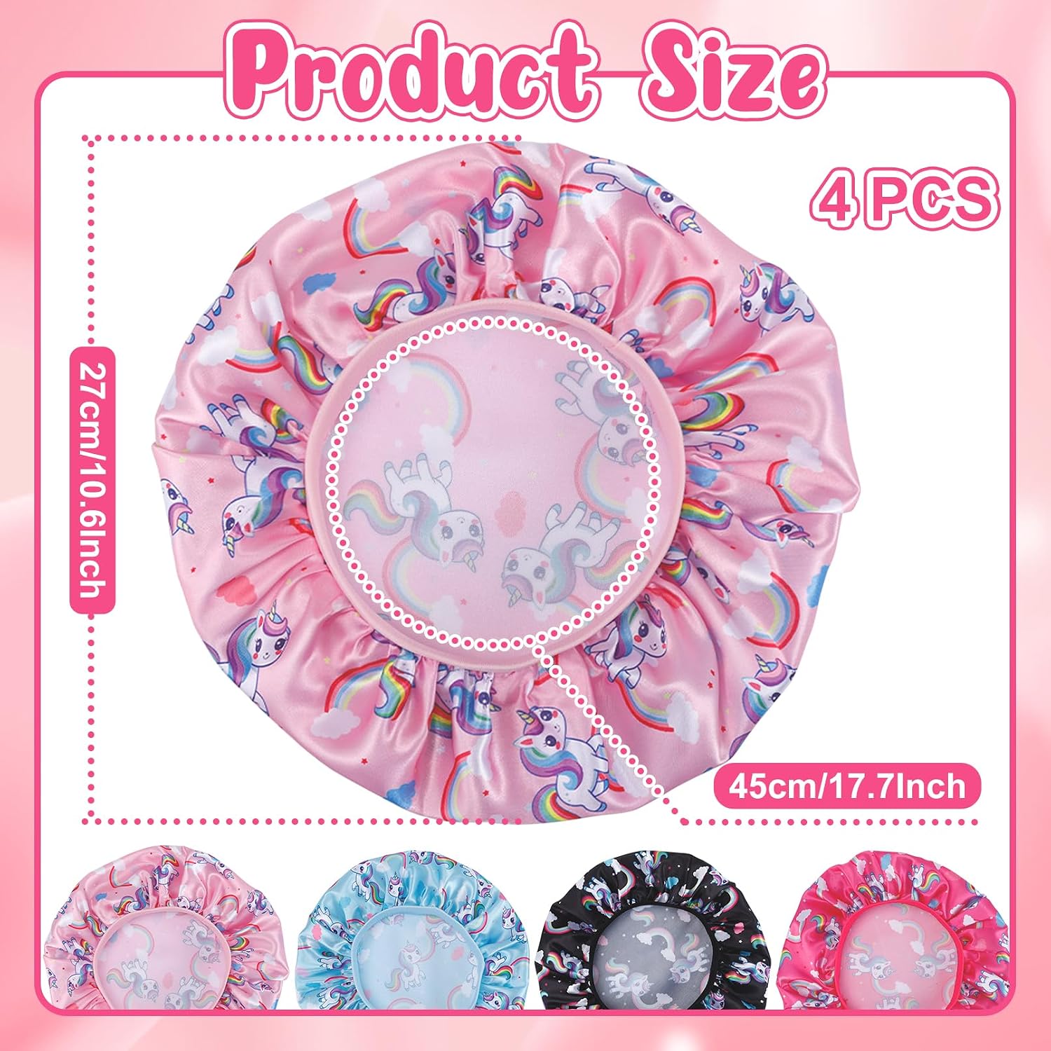4 PCS Kids Satin Bonnet, Soft Silk Sleep Caps for Sleeping, Night Hats for Girls Toddlers, Elastic Wide Band Night Hair Bonnet for Curly Hair, Unicorn Rainbow