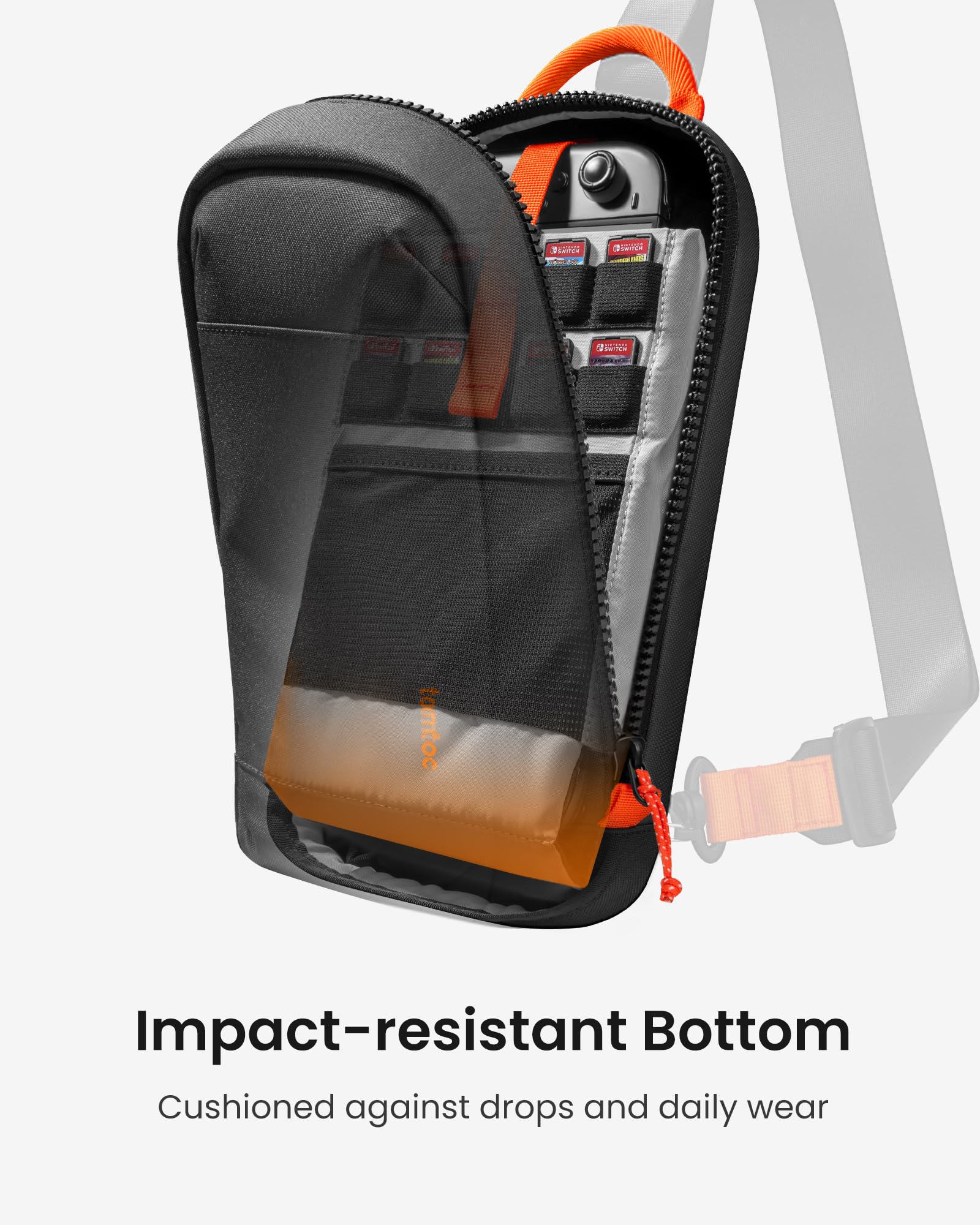 tomtoc Sling Crossbody Bag for Nintendo Switch 2, ochronna przenośna torba podróżna na klatkę piersiową do gier z 8 gniazdami na wkłady do gier, ładowarką i akcesoriami, Czarny