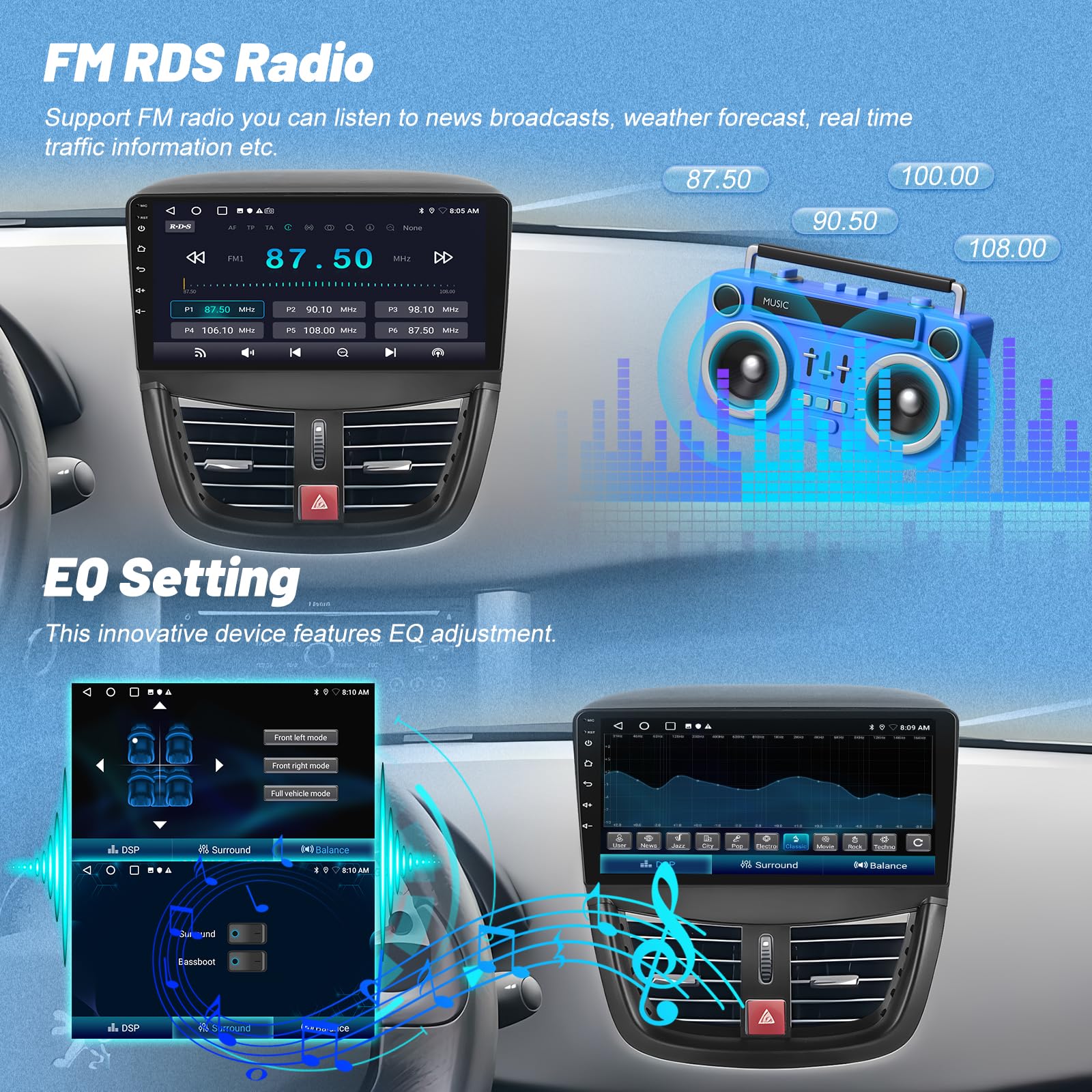 [2+64GB] Android Autoradio pour Peugeot 207 2006-2015, Autoradio 9 Pouces avec Écran Tactile, CarPlay & Android Auto, WiFi, GPS, Radio FM RDS, Caméra de Recul