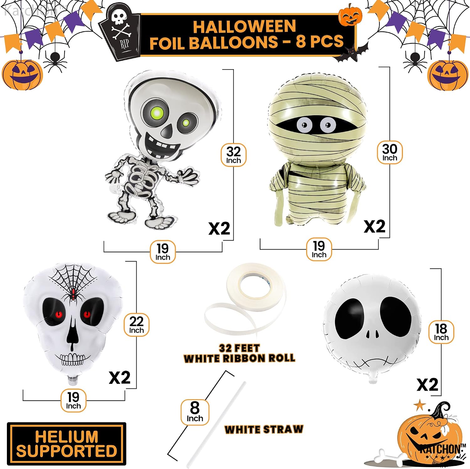 KatchOn, Skeleton Halloween Balloons Set - 32 Inch, Pack of 8 | Halloween Mummy Balloons for Mummy Party Decorations | Skeleton Balloons for Halloween Party Decorations | Halloween Foil Balloons