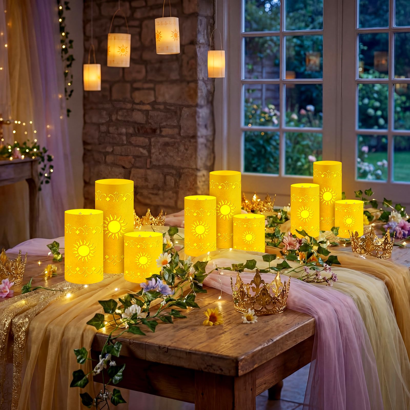 Lot de 12 lanternes solaires de princesse pour table - 3 tailles - Lanternes en papier doré avec bougies chauffe-plat pour soleil, anniversaire, fête prénatale, fête de mariage