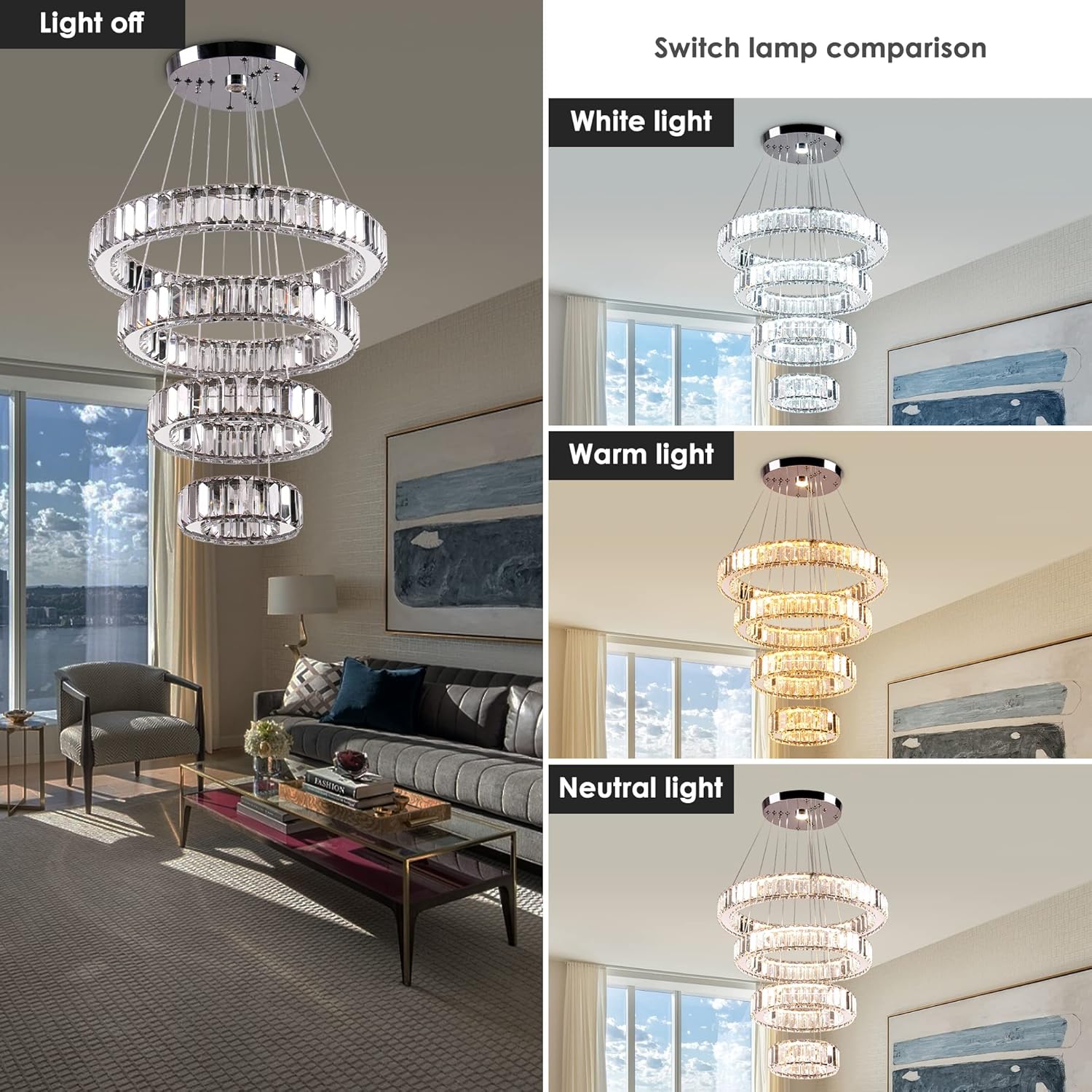 Modern Crystal Chandeliers 4 Ring LED Crystal Pendant Light DIY Adjustable High Chandelier for Dining Room Living Room Bedroom 3 Color Changeable