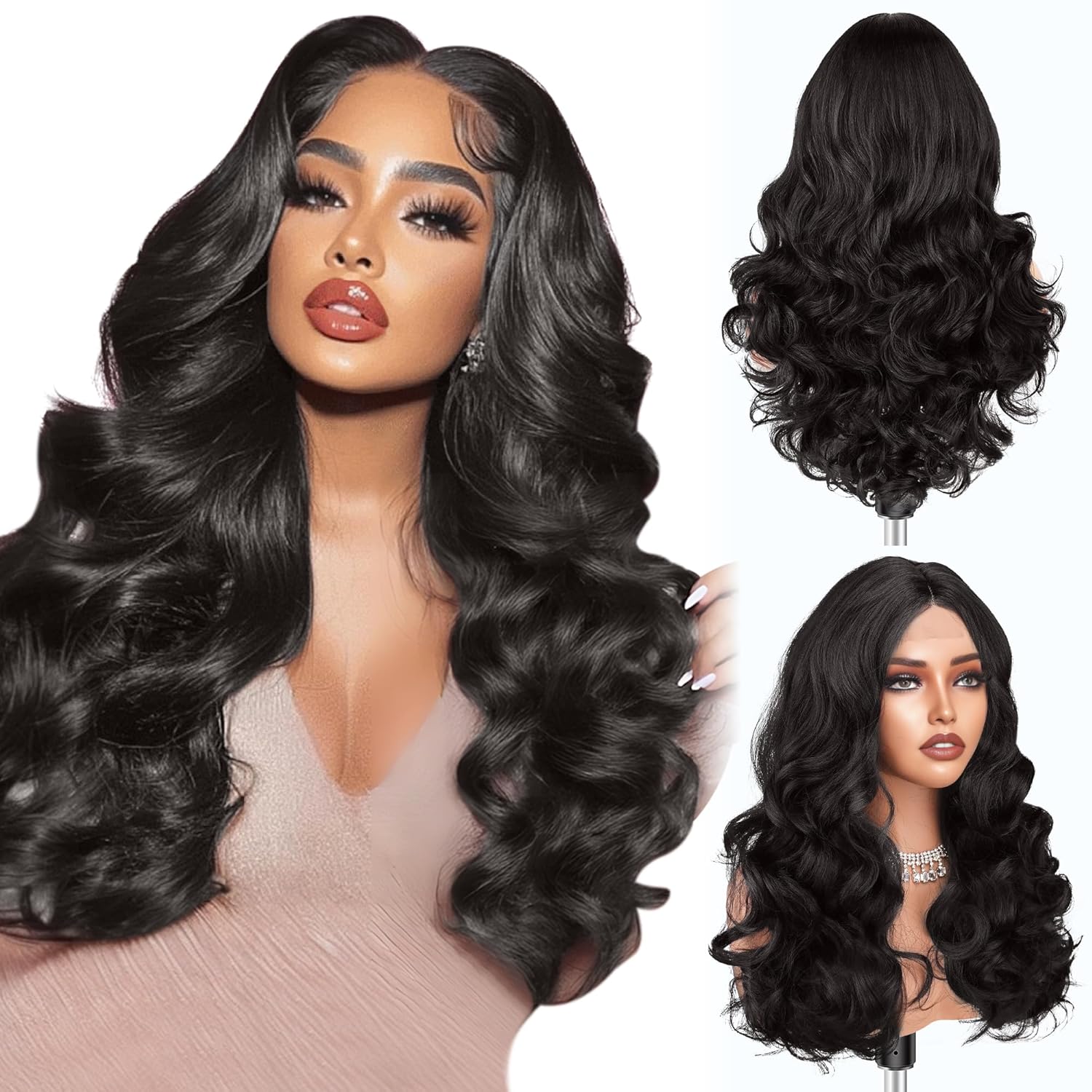 Wigs for Women, Synthetic Lace Hairline Wig, Middle Part 18 Inch Long Wavy Wig Heat Resistant Natural Hair wigs for Women for Daily Use Party – 2# Natural Black