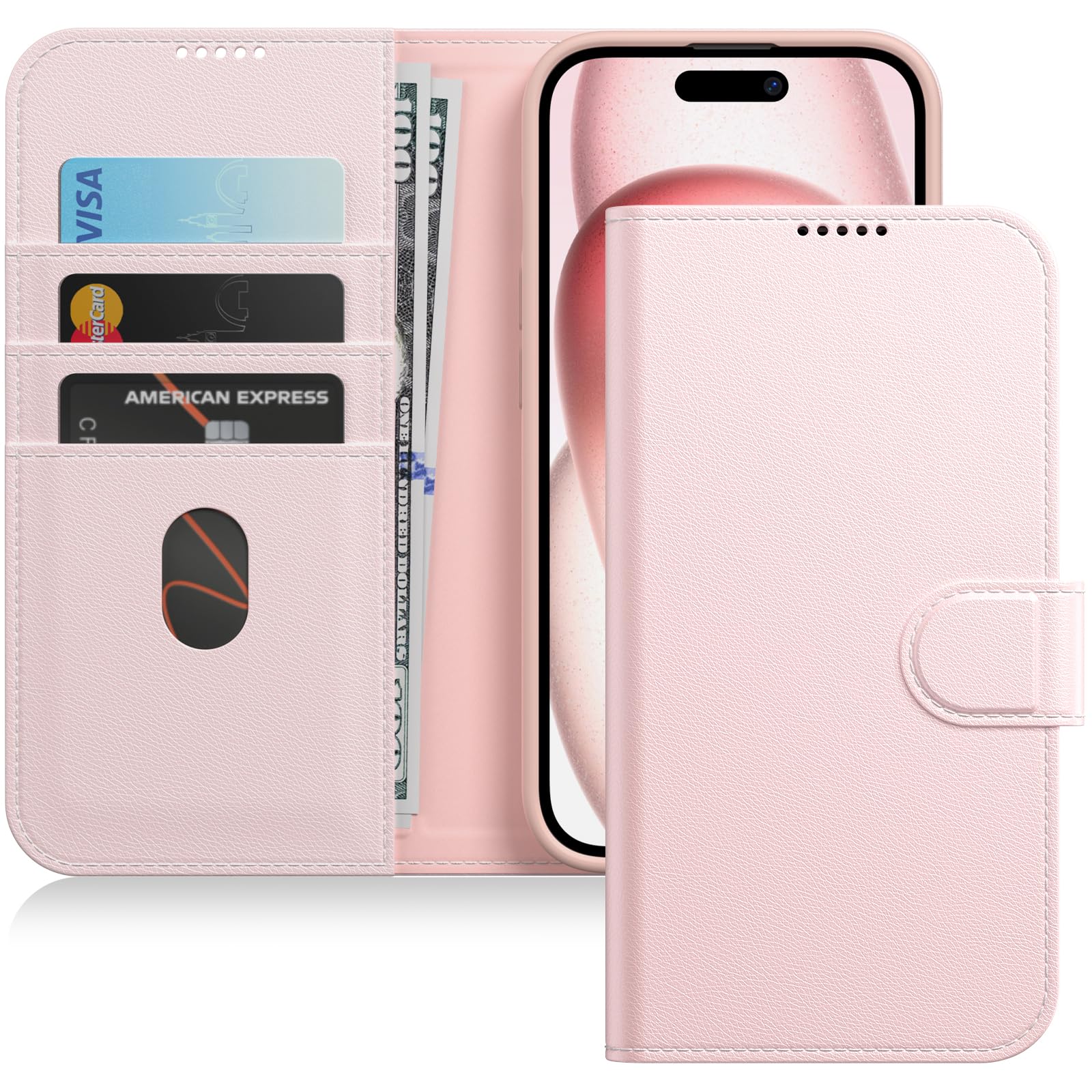 JETech Wallet Case for iPhone 15 6.1-Inch, Shockproof PU Leather Magnetic Flip Cover with Card Holder, Stand Feature and Full Camera Protection (Pink)
