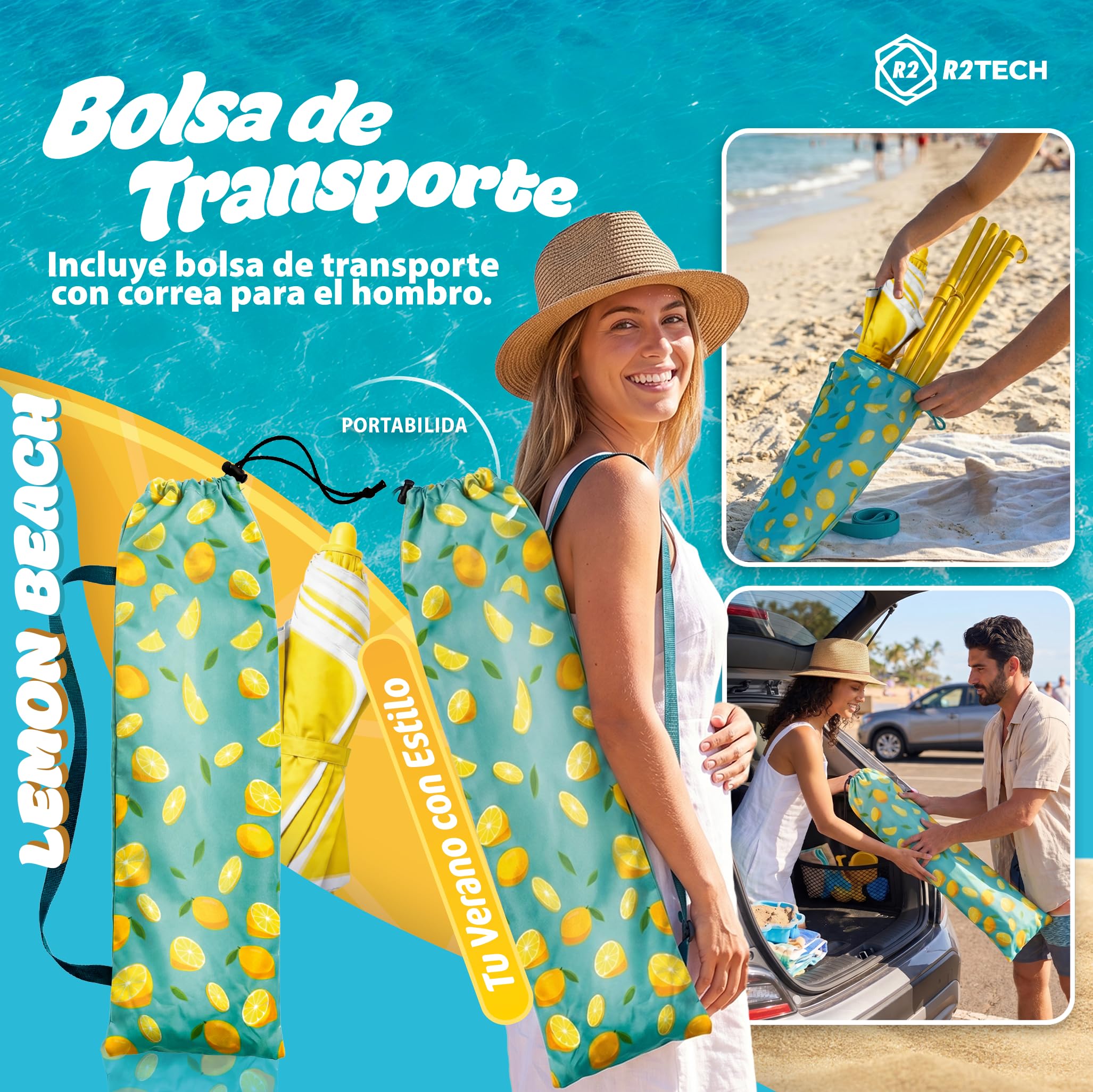SUPER PACK Sombrilla Playa Plegable | Parasol con Altura 210cm y Diámetro 160cm | Sombrilla Compacta para Maleta | Protección Verano 2 Plazas UPF 50+ | Mástil Aluminio Amarillo 109C