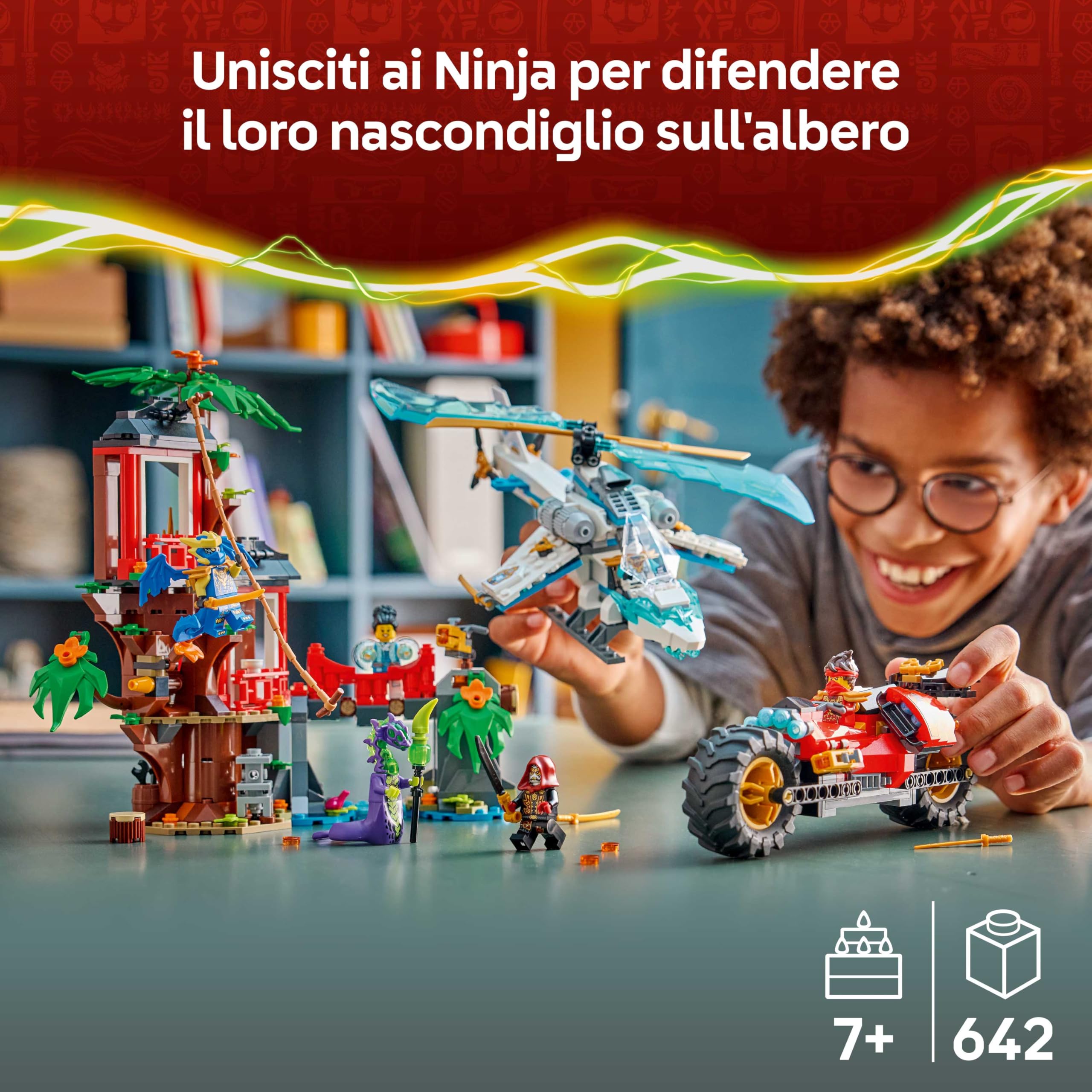 LEGO NINJAGO Battaglia alla Casa sull’Albero con Veicolo Ninja - Giocattolo d'Azione con Moto, Elicottero, 6 Minifigure e Spade - Idea Regalo per Bambini e Fan da 7 Anni in su - 71857