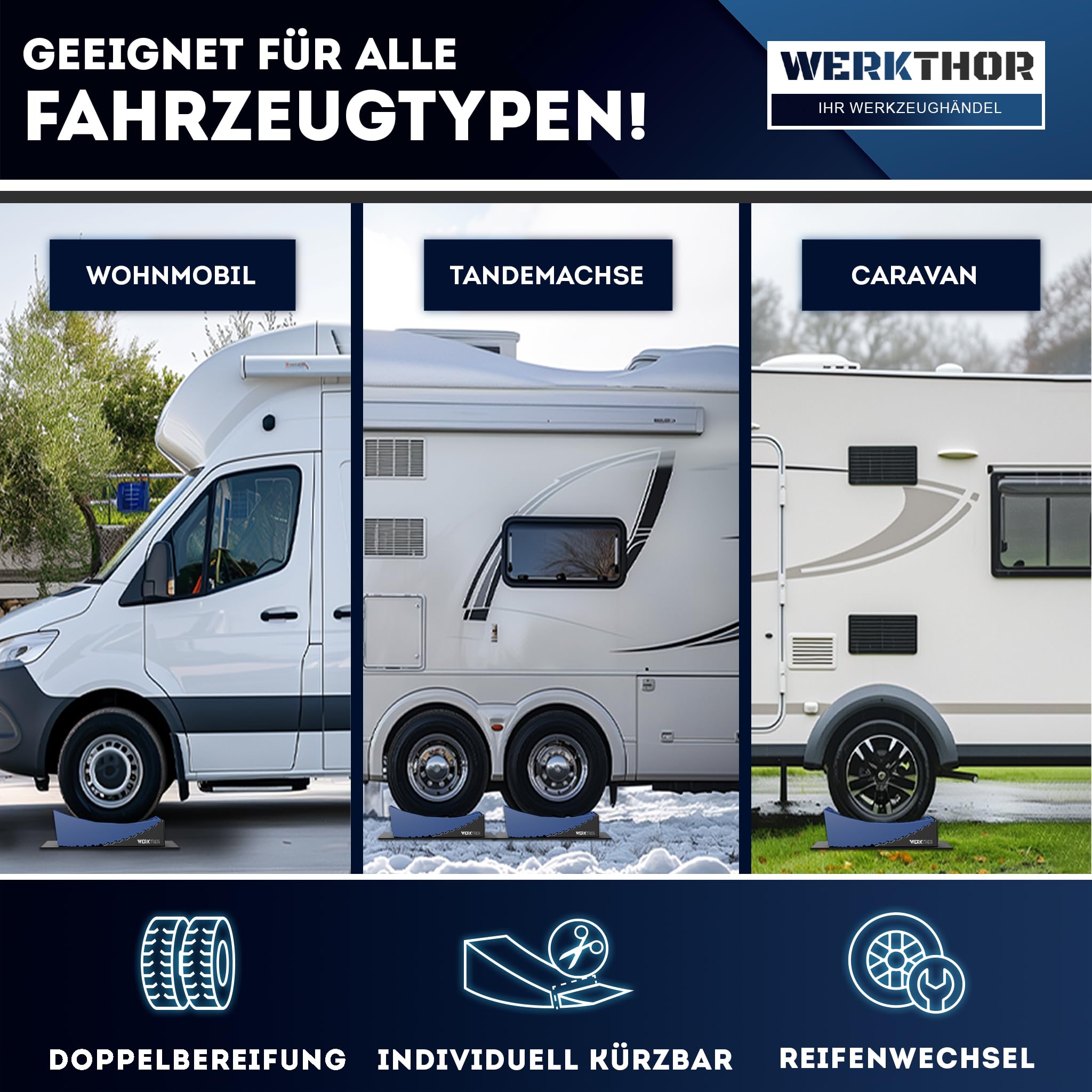 WERKTHOR Auffahrkeile Wohnmobil (Blau) – [2er Set] bewährte Auffahrkeile für Wohnwagen, Camper & Anhänger [<13,5t] – Stufenfreies Nivellieren, Unterlegkeile Wohnmobil inkl. Transporttasche (XXL)