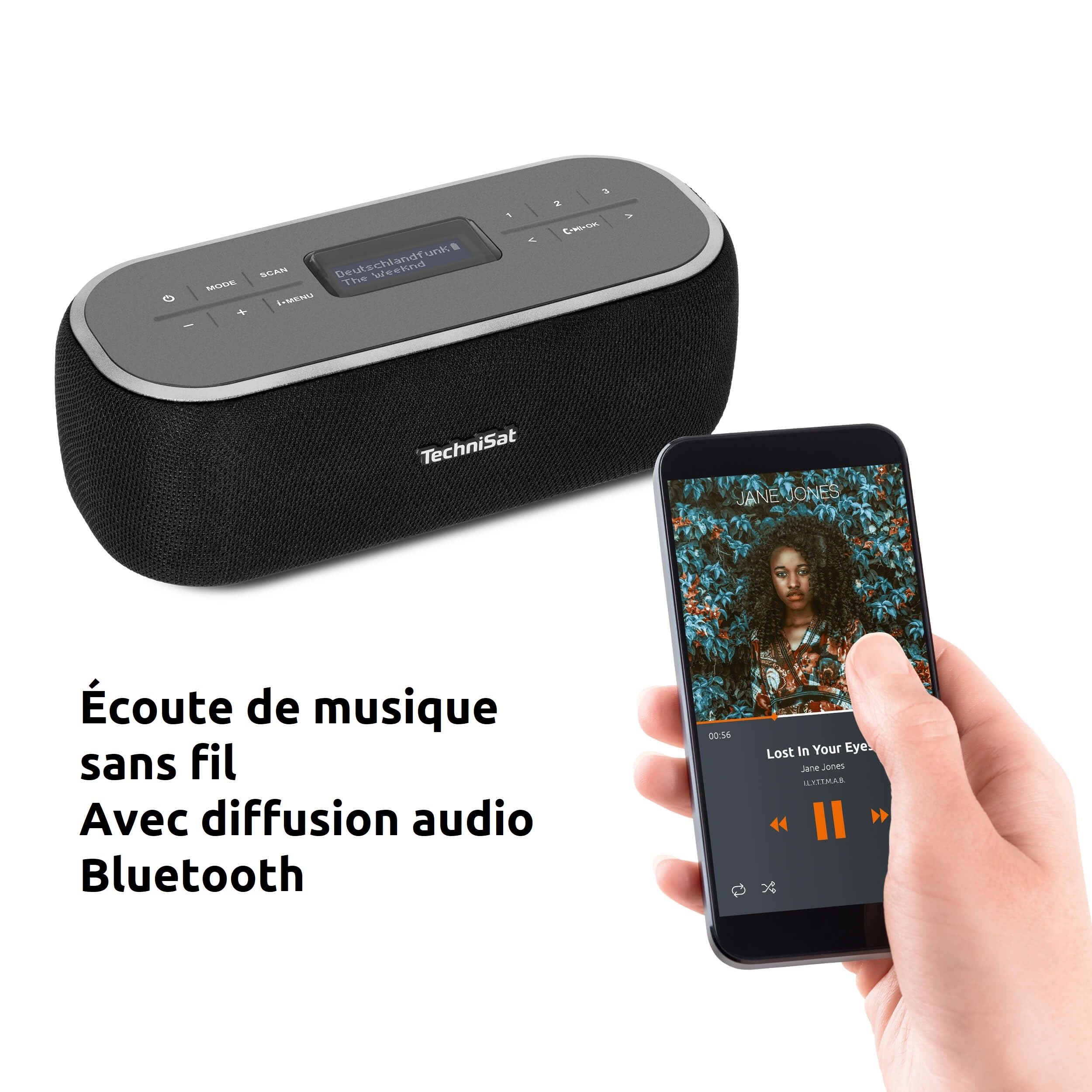 TechniSat VIOLA BT 1 - enceinte Bluetooth portable avec radio numérique DAB+ (FM, horloge, minuterie, mémoire des favoris, écran LCD, fonction mains libres, AUX, batterie rechargeable, 6W) noir/gris