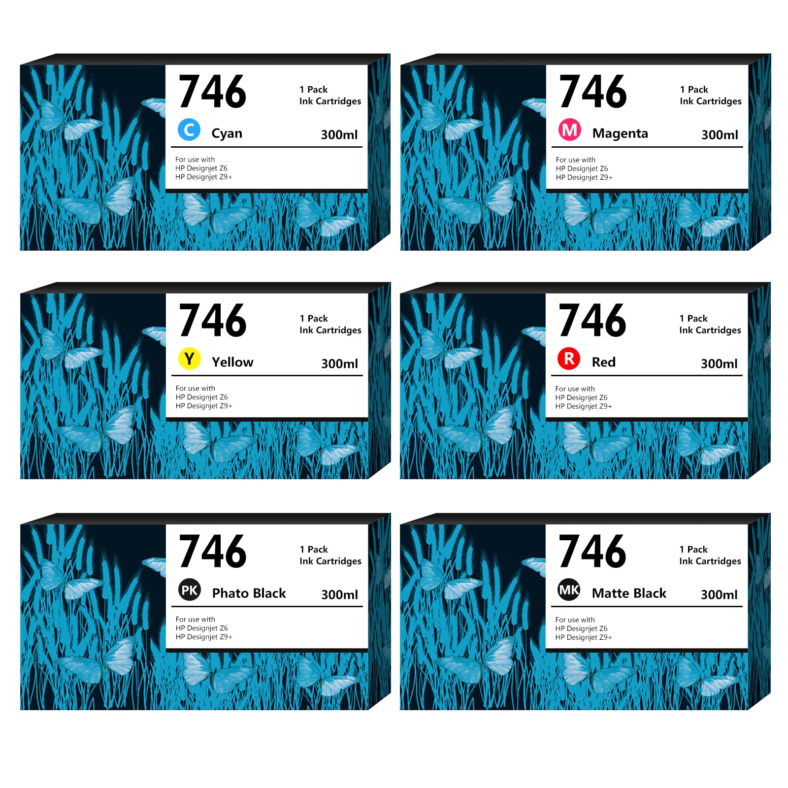 746XL Ink Cartridges 6-Pack (300-ml Matte Black/Cyan/Magenta/Yellow) Compatible with HP 746 746XL Ink Cartridge Replacement for HP Designjet Z6,