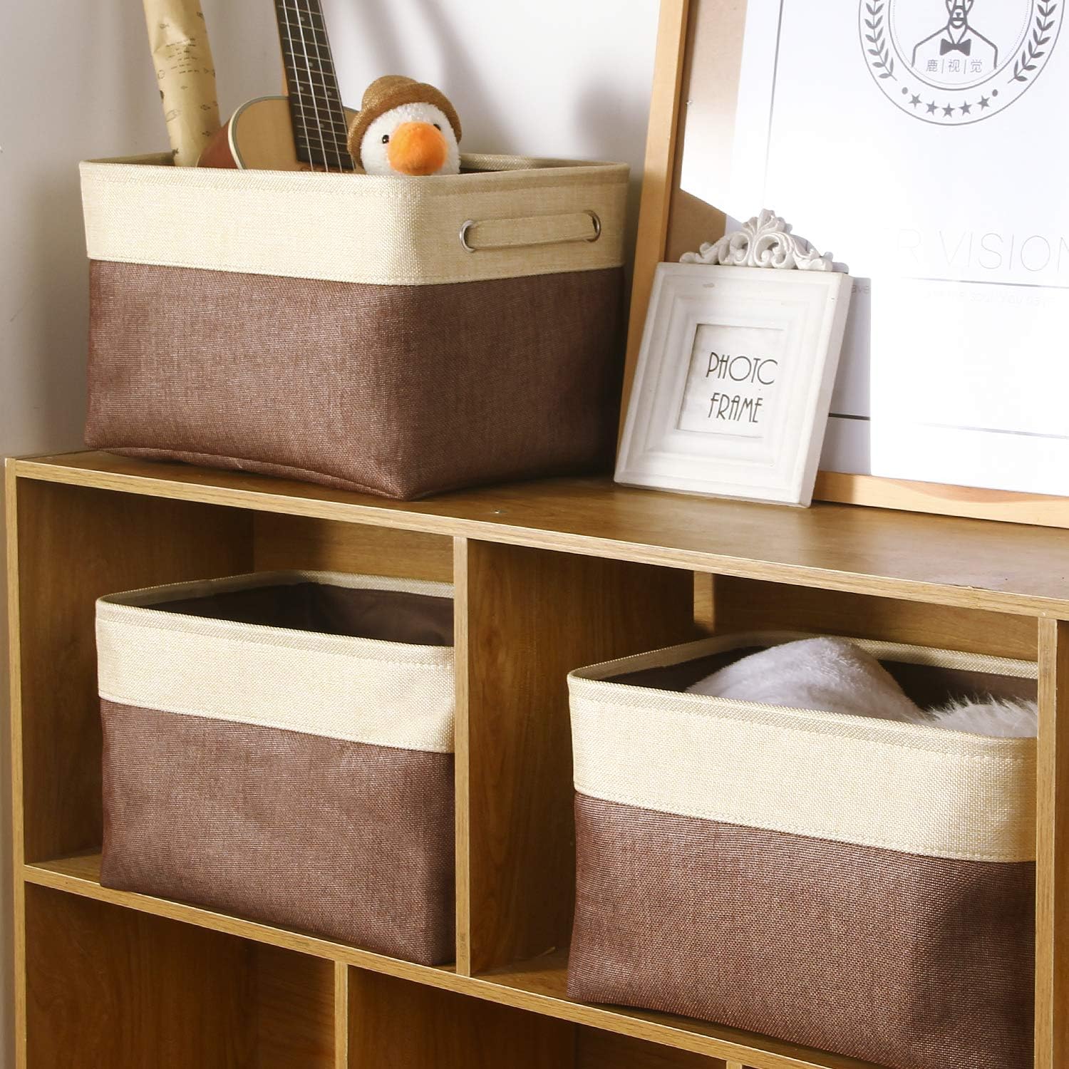 Awekris Large Storage Basket Bin Set [3-Pack] Storage Cube Box Foldable Canvas Fabric Collapsible Organizer With Handles For Home Office Closet Toys Clothes Kids Room Nursery(Coffee)