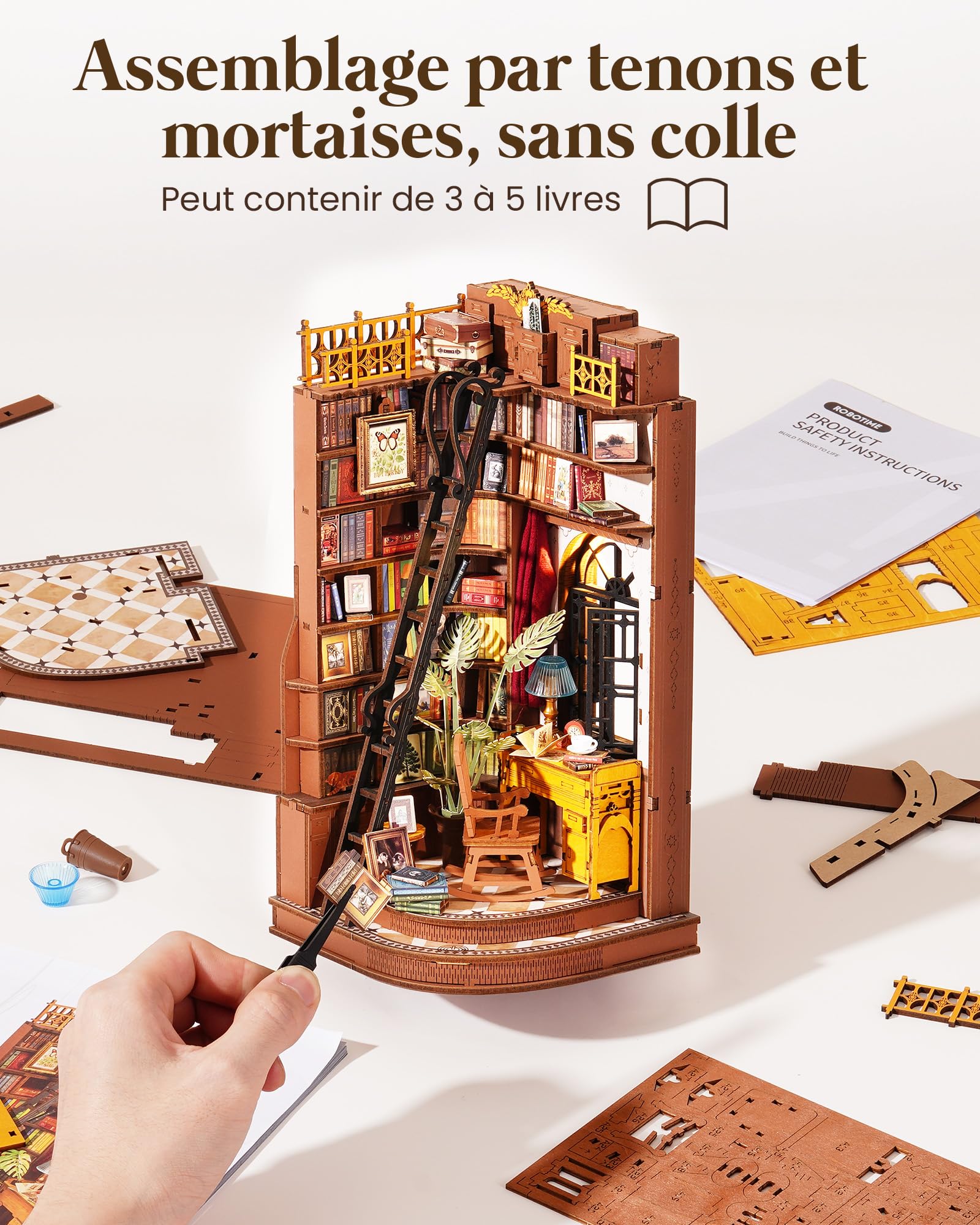 Rolife Book Nook Étude d'angle Silencieuse DIY Maison Miniature House Construction Adulte Booknook Bibliothèque Décoration Diorama Cadeau d'anniversaire de Noël pour Les Adolescents et Les Amoureux