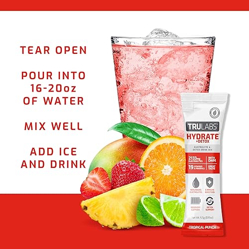 Miniatura 5 de TRULABS Hydrate + Detox - Tropical Punch. Paquetes de hidratación de electrolitos sin azúcar. Cada porción contiene 1422 mg de electrolitos, 19