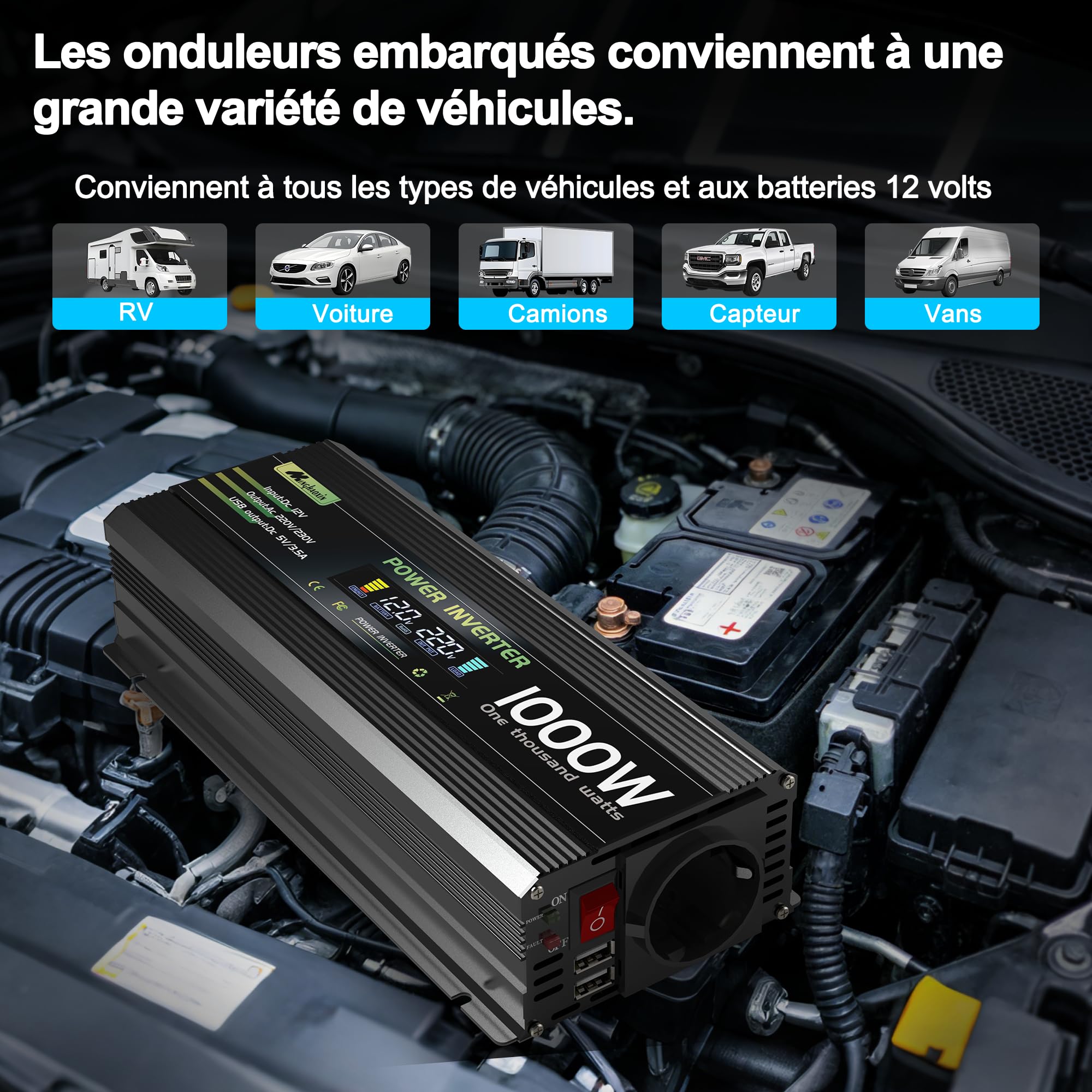 1000W/2000W Convertisseur 12V 220V/230V Transformateur, DC AC Onduleur Power Inverter Allume 2 Prise EU De Courant Alternatif LCD pour Voiture, Camping, Voyage, Panneau Solaire, VR