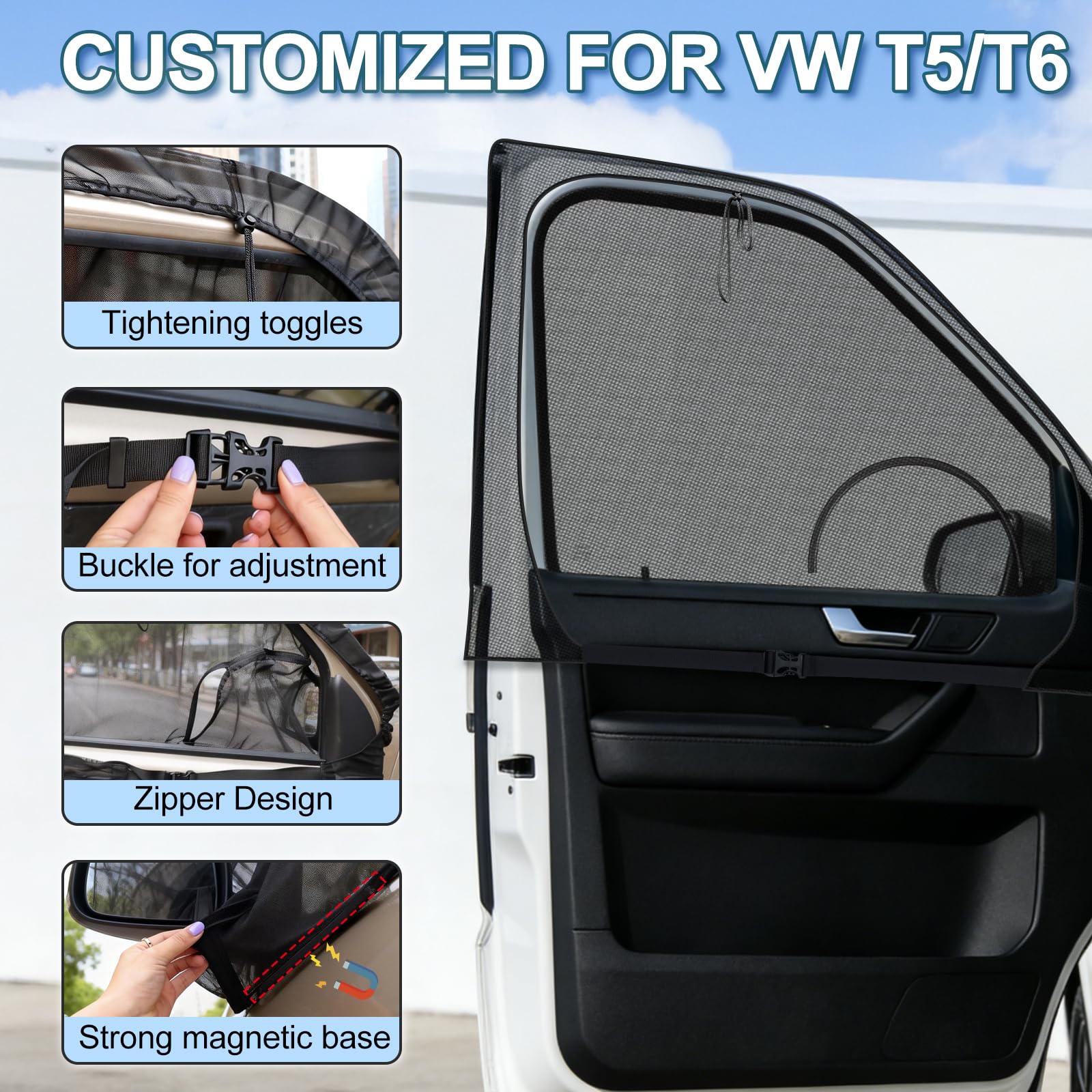 Mosquitera Magnética Ventanas Lateral Delanteras para VW T4 T5 T6 Camper | Mosquitera para Coche, Red Anti Insectos, Excelente Transpirabilidad, Protección Solar y UV, Ideal para Camping y Camper