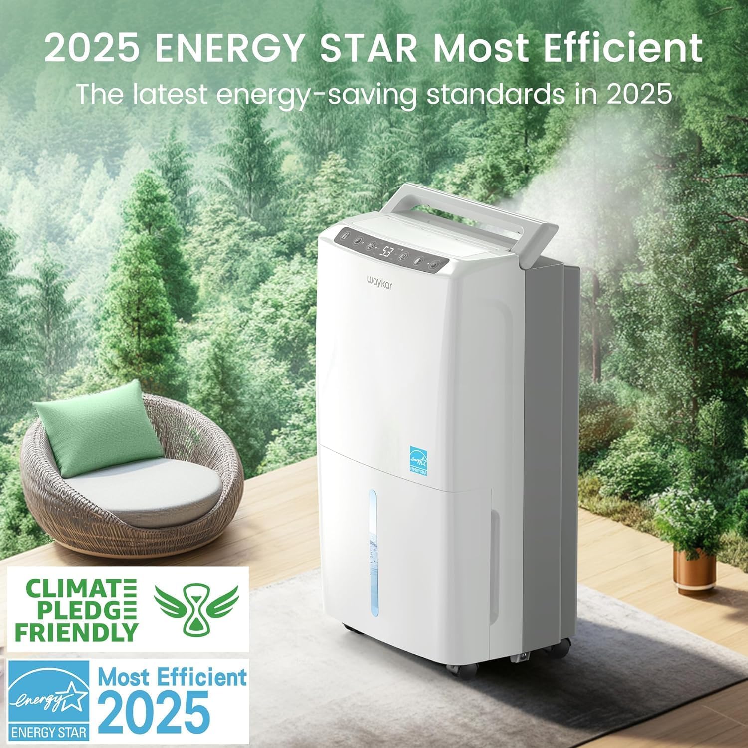 Waykar 2,000 Sq. Ft. 34 Pints 2025 Most Efficient Energy Star Dehumidifier for Basement & Home with Auto or Manual Drainage, Ultra Quiet 33dB, 0.62-Gallon Water Tank
