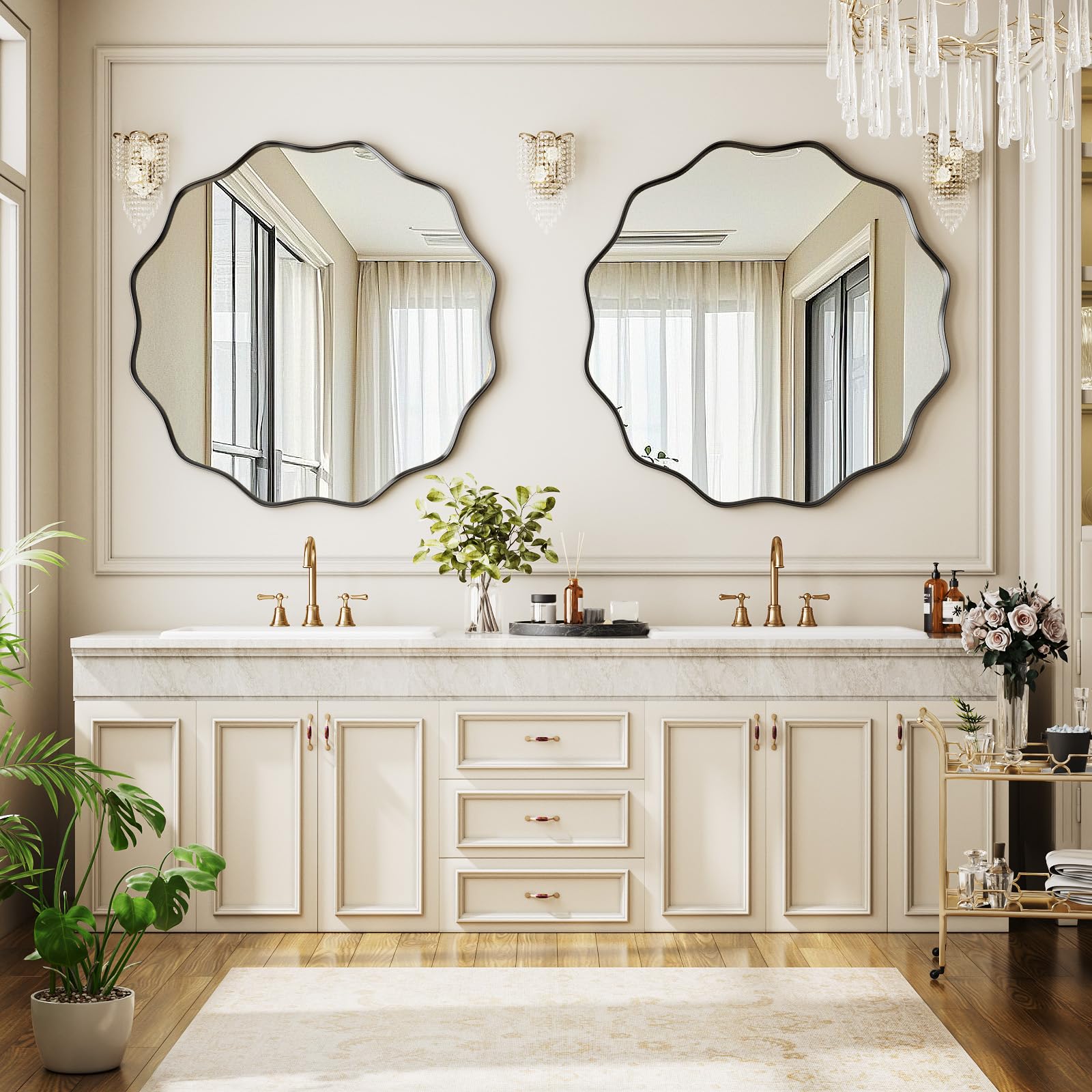 BEAUTYPEAK Runder Spiegel 76 cm, Wandspiegel mit Gewellter Kante, Aluminiumrahmen, Spiegel Rund zum Aufhängen und Anlehnen, Rund Wandspiegel für Schlafzimmer, Badezimmer, Flur Schwarz