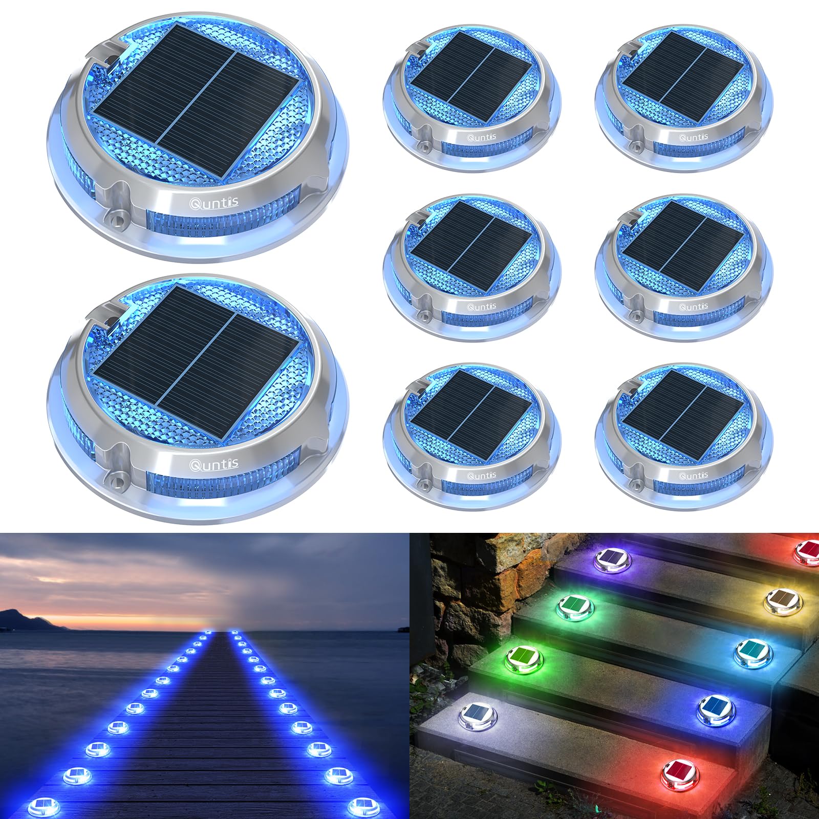 Quntis Solar Bodenleuchten für Außen 8 Stück Aluminium Deck Lights Outdoor | Warmweiß Kaltweiß RGB Bunt Gartenleuchte IP68 wasserdichte Solarleuchten für Garten Treppen Gehwege Höfe Pfade Balkon