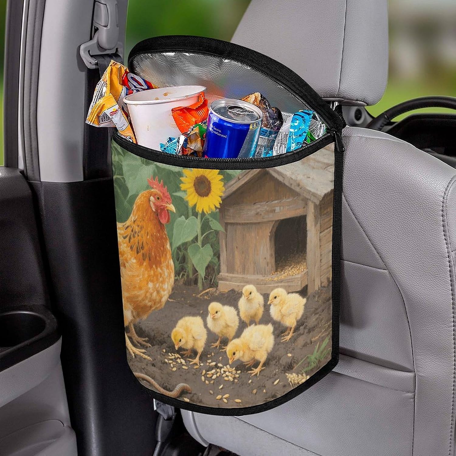 Farm Animals Chicken Car Trash Can with Lid Multipurpose Trash Bin for Cars Leak-Proof Cars Organizer Storage Bag Waterproof Garbage Can Hanging Car Trash Bag for SUV Truck RV