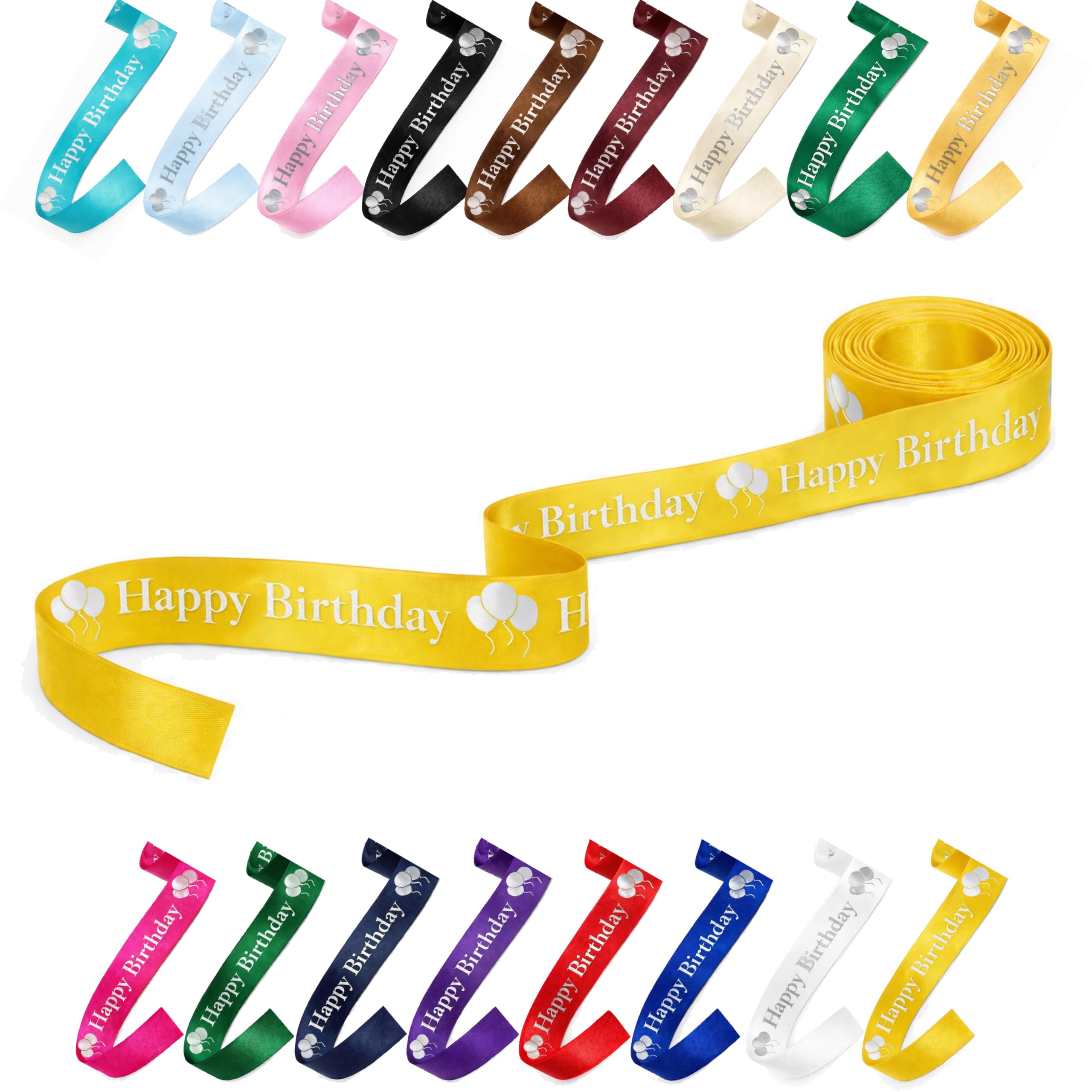 25mm (1") Wide Happy Birthday Luxury, Vibrant Satin Ribbon for Gift Wrapping, Flower Bouquet, Crafts, Balloons, Party Decoration with Metallic Silver Text & Balloon Print (Yellow, 5 Metres)
