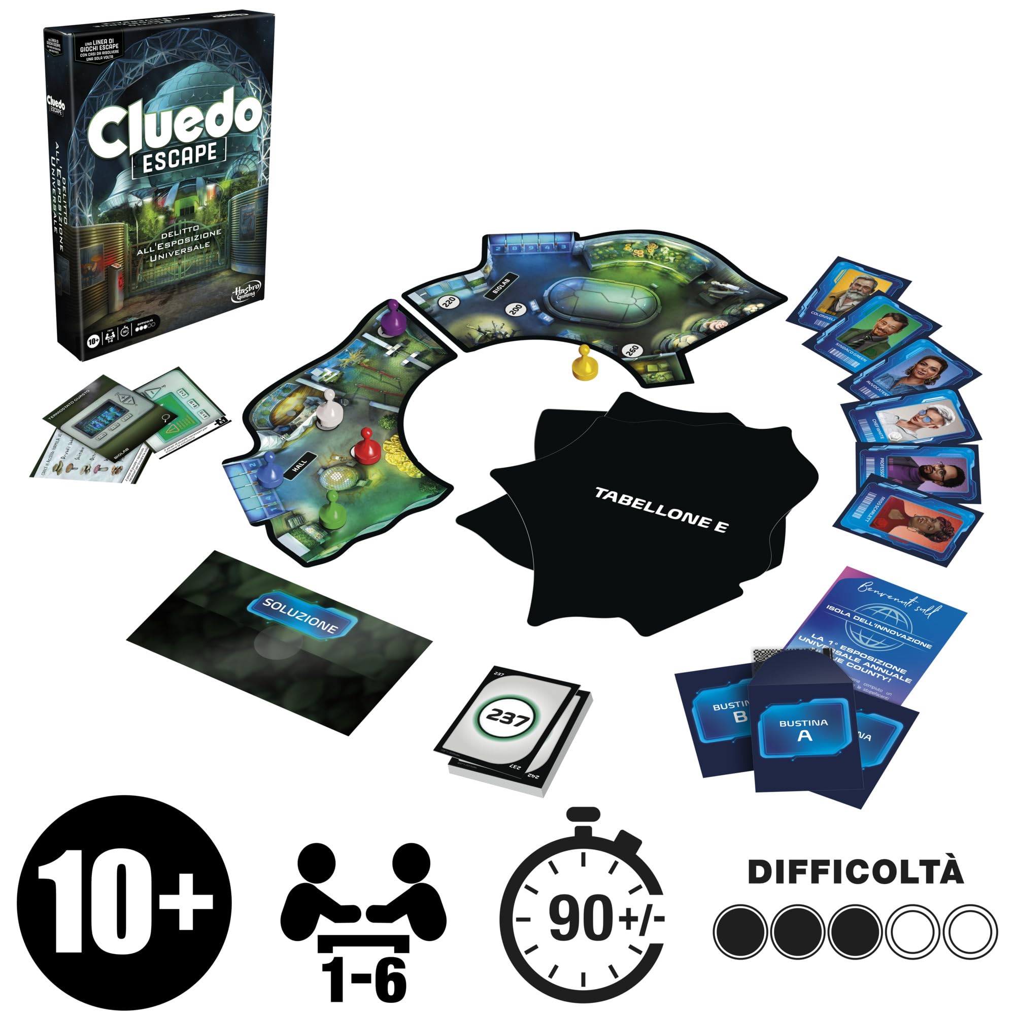 Hasbro Gaming Cluedo Escape - Delitto all’Esposizione Universale Gioco da Tavolo per Bambini e Bambine da 10 Anni, Gioco di Strategia in versione Escape Room per 1-6 Giocatori
