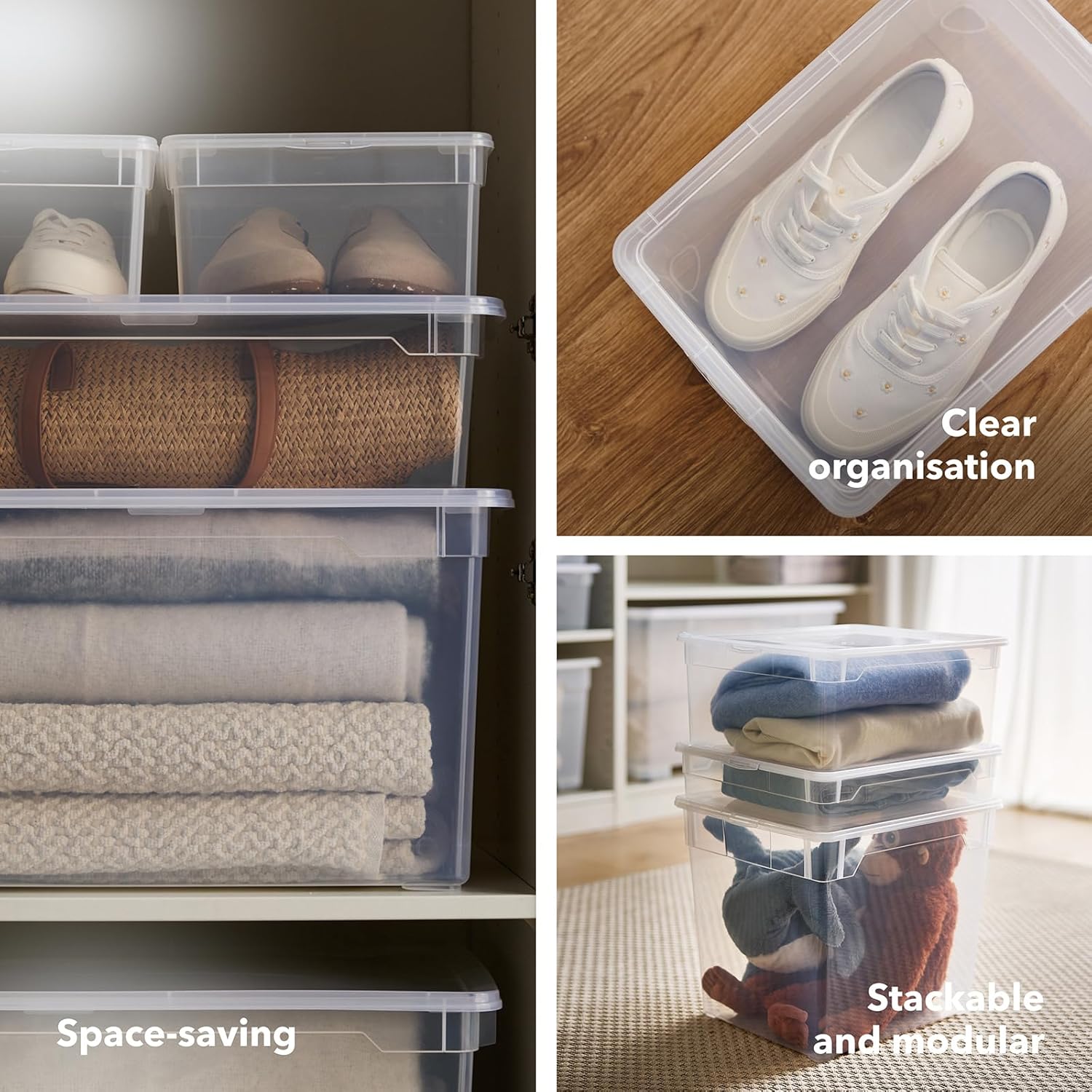 Rotho Clear Box Set of 4 Storage Boxes 18 L with Lid, Space-Saving Stackable 40 x 33.5 x 17 cm, Transparent Blue