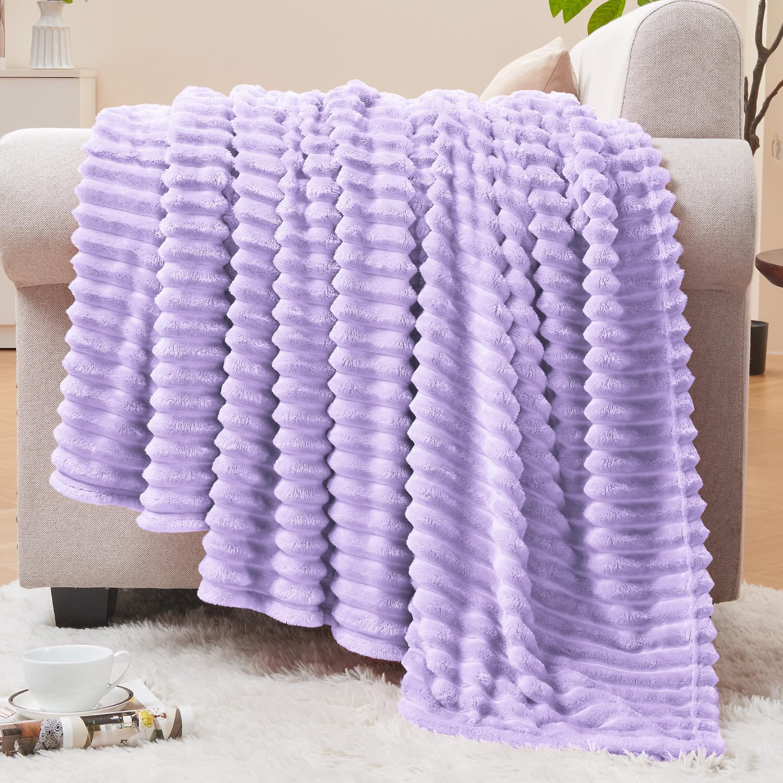 BEDELITE 3D Ribbed Pastel Lilac Fleece Throw Blanket for Couch, 50x60 Inch | Soft Warm Decorative Fluffy Blanket, Cozy Plush Lightweight Fuzzy Throw Blanket for Bed Sofa Home Room Decor, Gift for Women