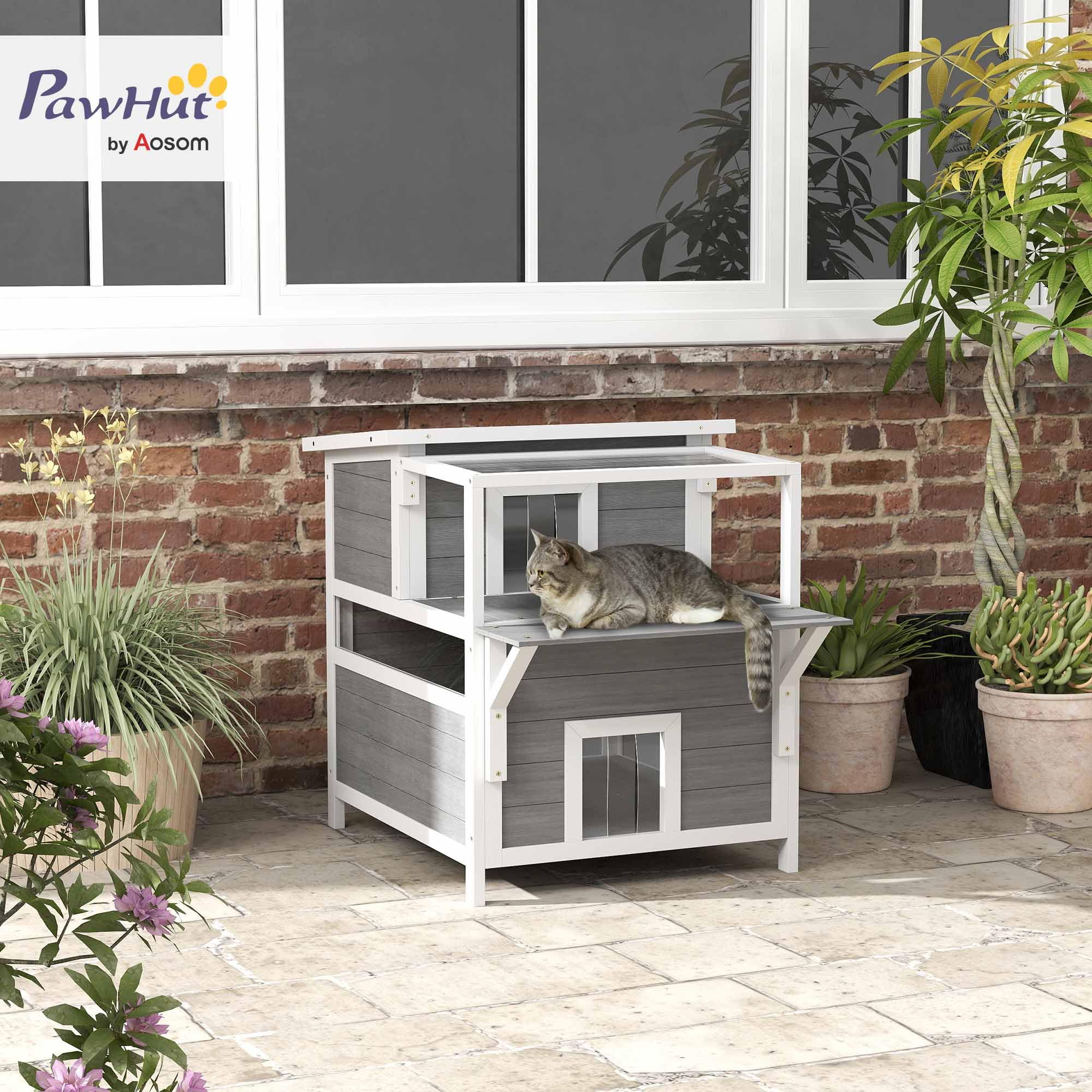PawHut Casa para Gatos de 2 Niveles de Madera 64x87x76 cm con Techo Asfáltico, Ventana y Puerta con Cortina para Interior y Exterior Gris Claro