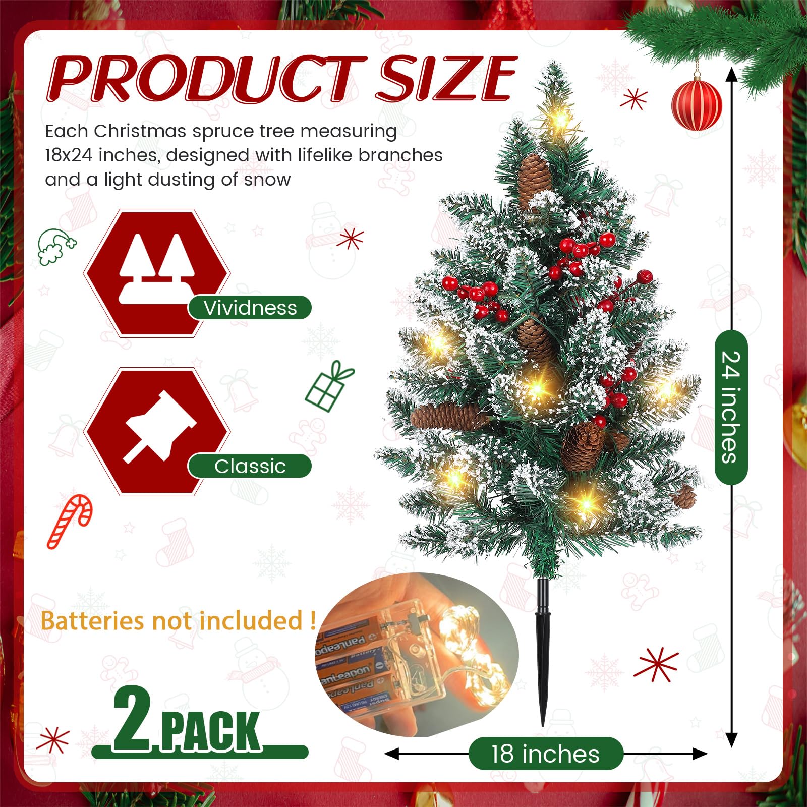 Lunmon Lot de 2 urnes de sapin de Noël artificielles pré-éclairées de 61 cm avec lumières LED sur piquet décoré de pommes de pin floquées de baies rouges pour Noël, cour, porche, terrasse, allée
