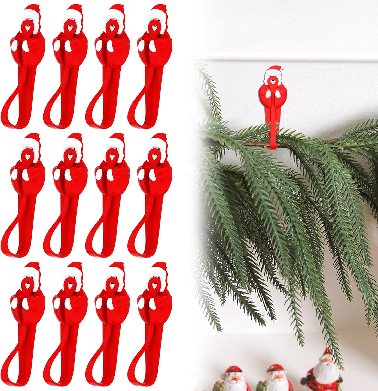 24Pcs Christmas Garland Hangers for Mantle, Fireplace Stocking and Garland, Stretchable Reusable Silicone Adhesive Tape Hooks for Christmas Door Frame, Fireplace Mantle Staircase Decorations-Red