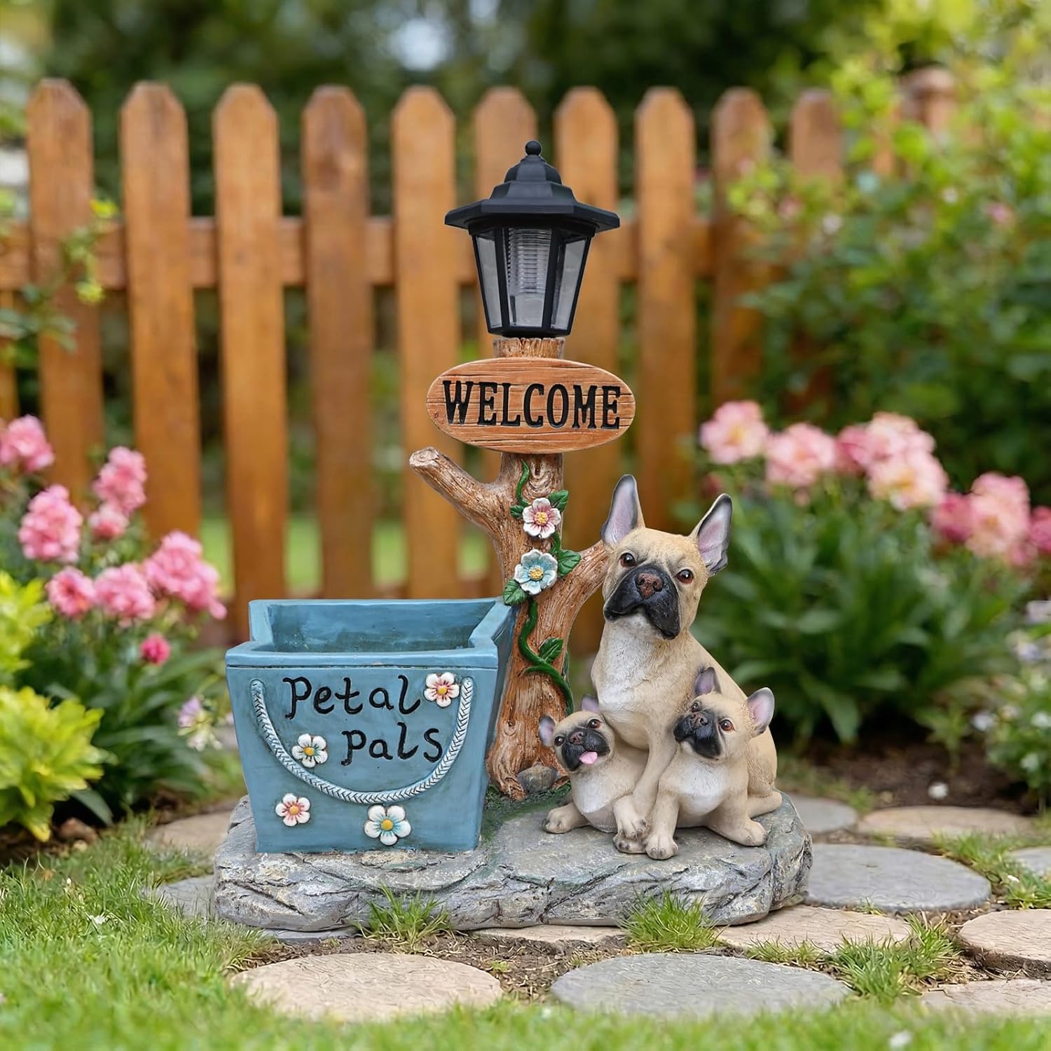Solar Garden Statue with Planter & Solar Lantern, Outdoor Resin Animal Sculpture, Waterproof Yard Lawn Decor Pot for Succulents, Front Porch Ornament Housewarming Gift (Rottweiler)