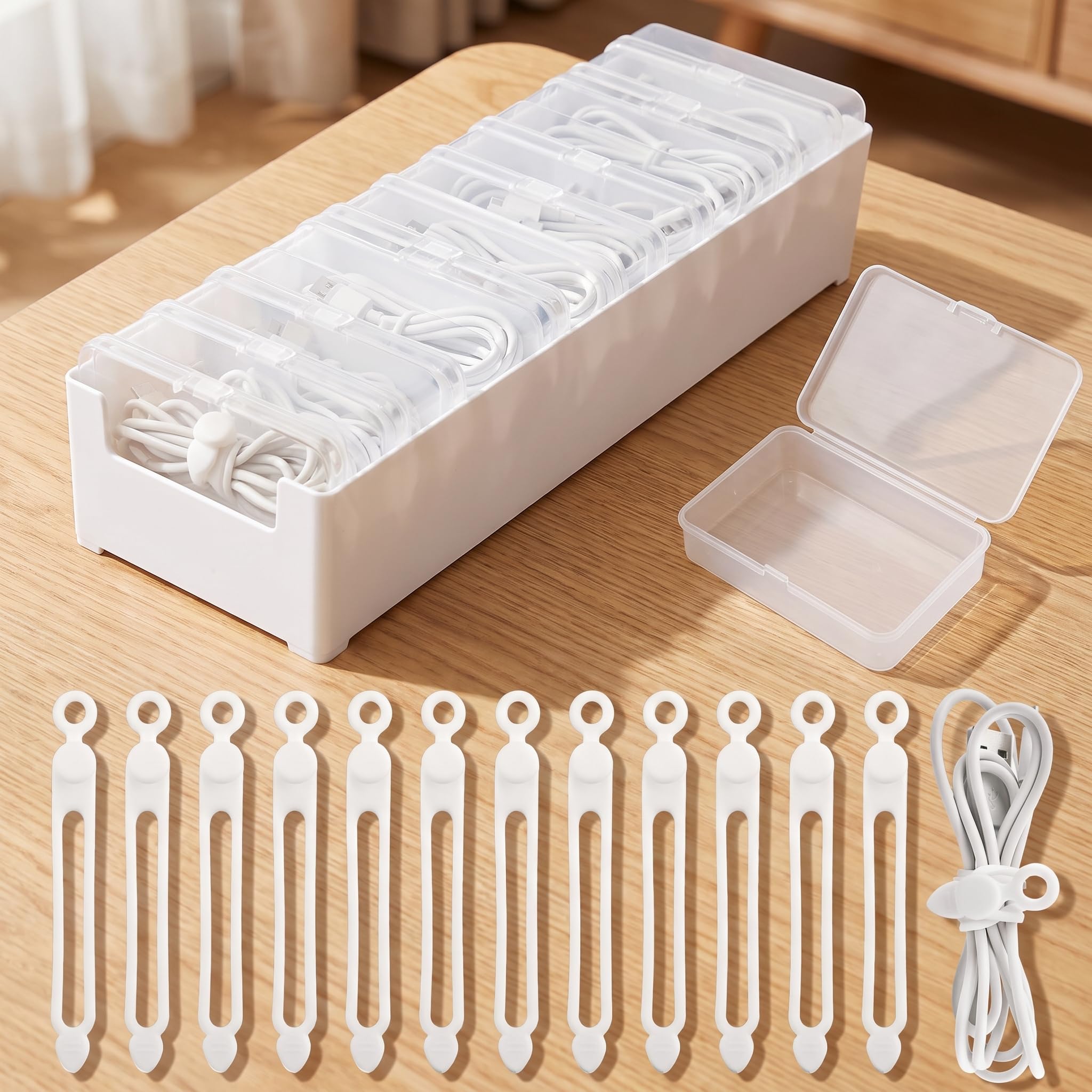 Cable Organizer Storage Box with 12 Wire Ties, 11 Individual Clear Cable Storage Boxes, Power Cord Organizer for USB Cables, Earphones, Home, Office & Travel