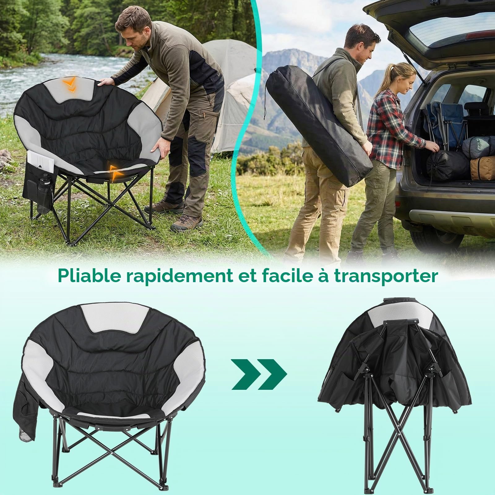 LIFERUN Chaise de Camping Ronde, Chaise Pliante Camping 150KG,Moonchair XXL | Chaise d'extérieur, avec maille respirante, et poche latérale, Sac Inclus, pour Pêche, Plage, Randonnée, Jardin, Noir