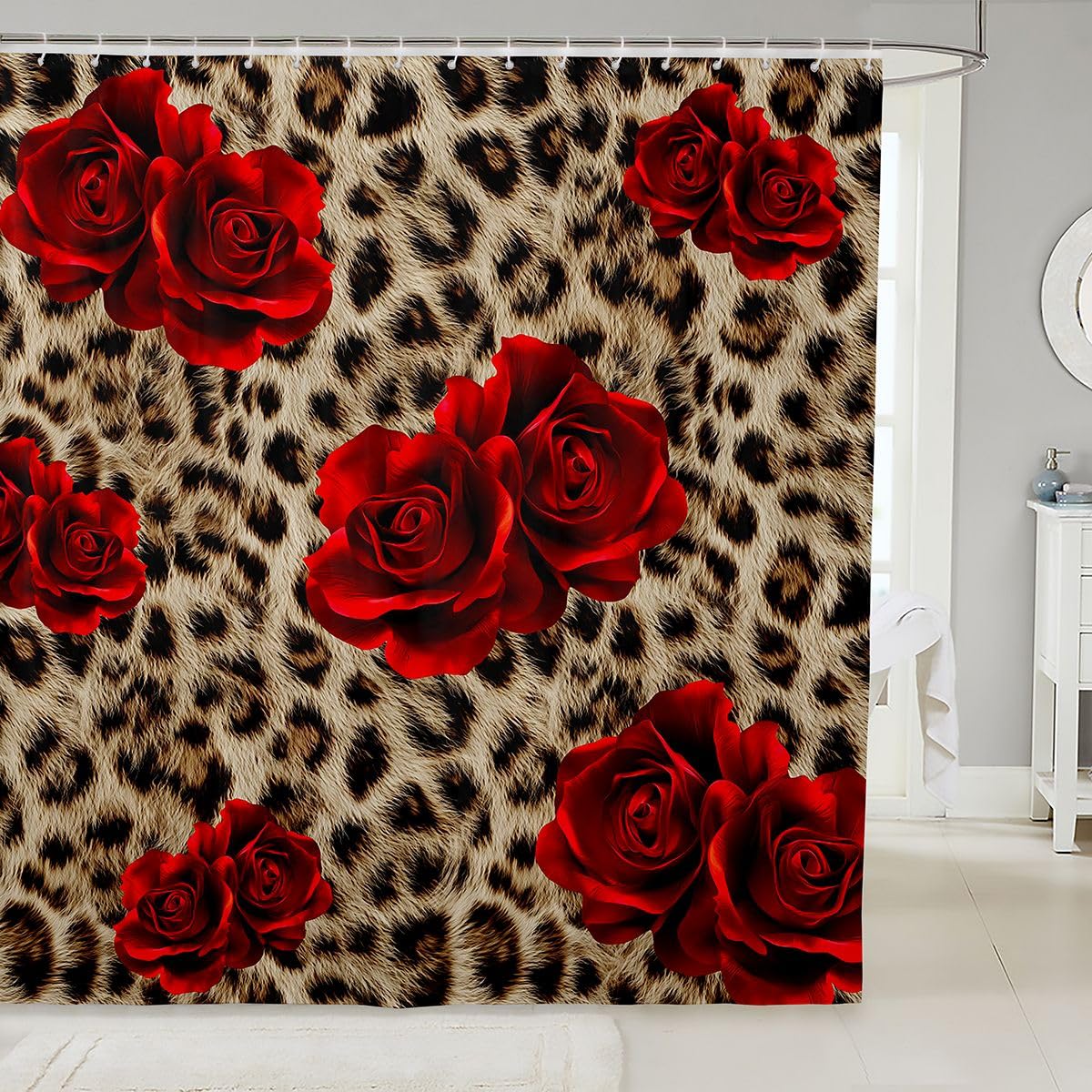 Leopard Print Shower Curtain, Red Rose Bath Curtain, Brown Cheetah Shower Stall Curtain, Safari Wildlife Animal Bathtub Shower Curtain, Blossom Floral Bathroom Sets Accessories 72" W x 72" L