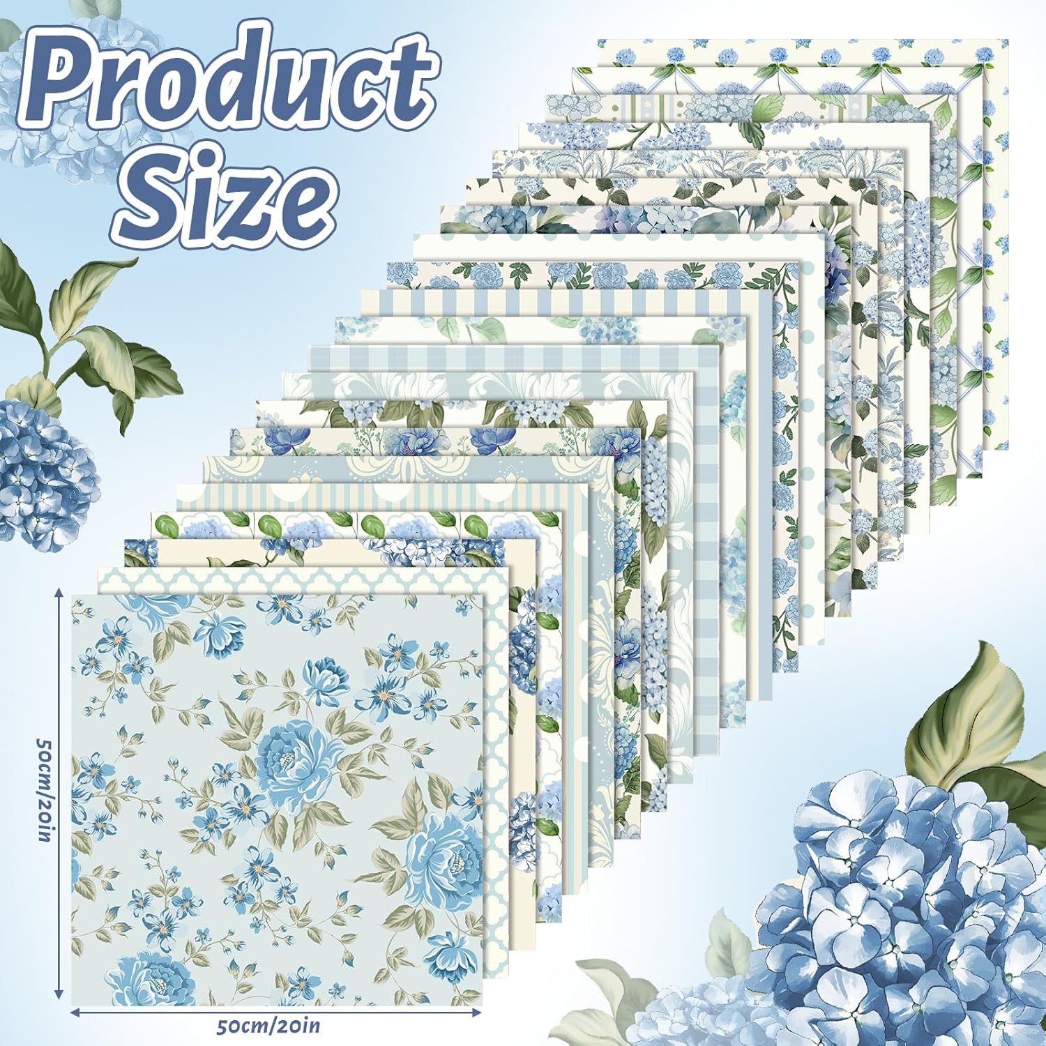 Frienda 20 Pcs Hydrangea Cotton Fabric Bundles 18 x 22 Inch Blue Spring Floral Printed Fat Quarters Flower Plaid Stripe Sewing Fabrics for Home DIY Handmade Craft Easter Party Decor